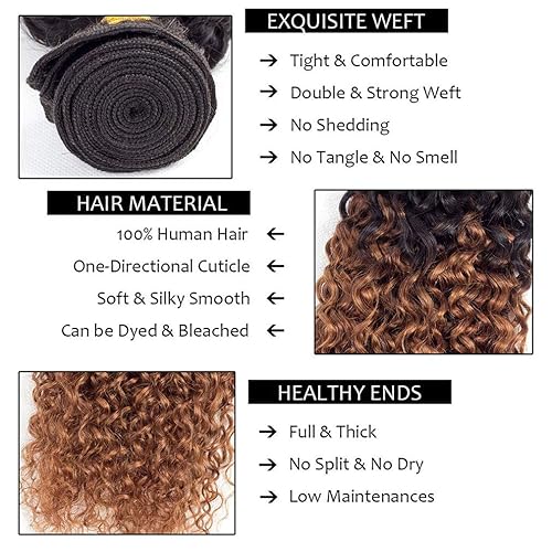 Miniatura 3 de 3 manojos de cabello humano degradado rizado con cierre, marrón 1B30, 4x4, cierre de encaje, cabello humano de dos tonos, grado 10A, suave, 100%