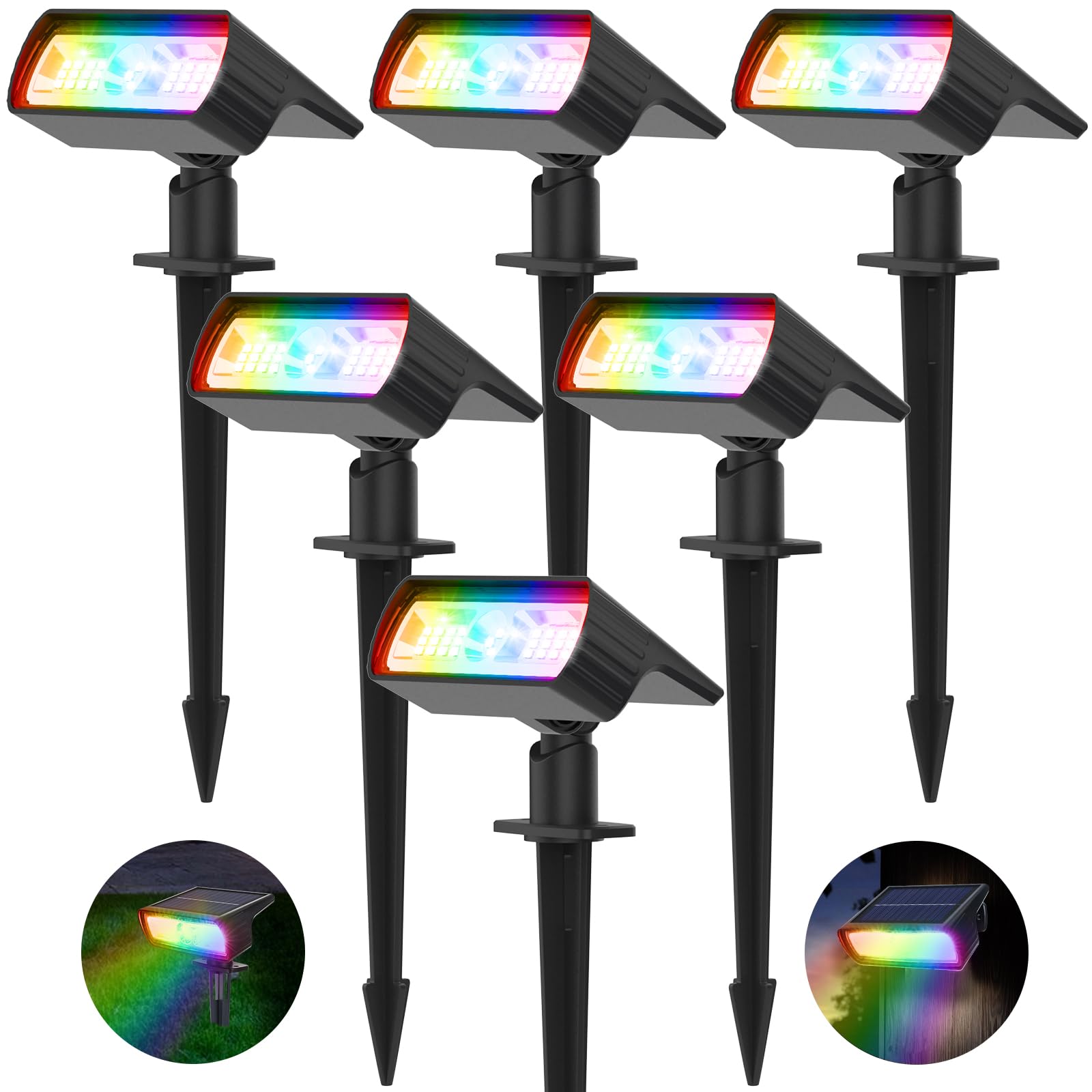 Moxled Bunt Solarlampen für Außen, RGB+Weiß Solar Strahler 6 Stück, IP65 Wasserdicht Gartenleuchten, 10 Lichtmodi Solarleuchten für Außen Garten, Hof, Gehweg