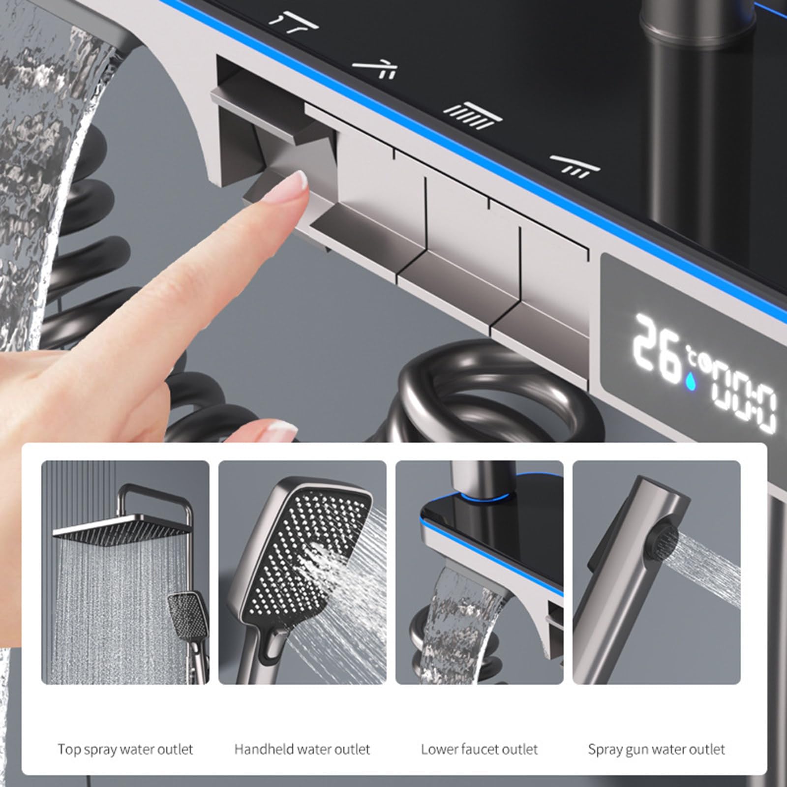 Set Doccia termostatico a 4 funzioni con Rubinetto e Display Digitale, soffione da 12", doccetta, doccetta per Bidet, beccuccio per Vasca, Grigio
