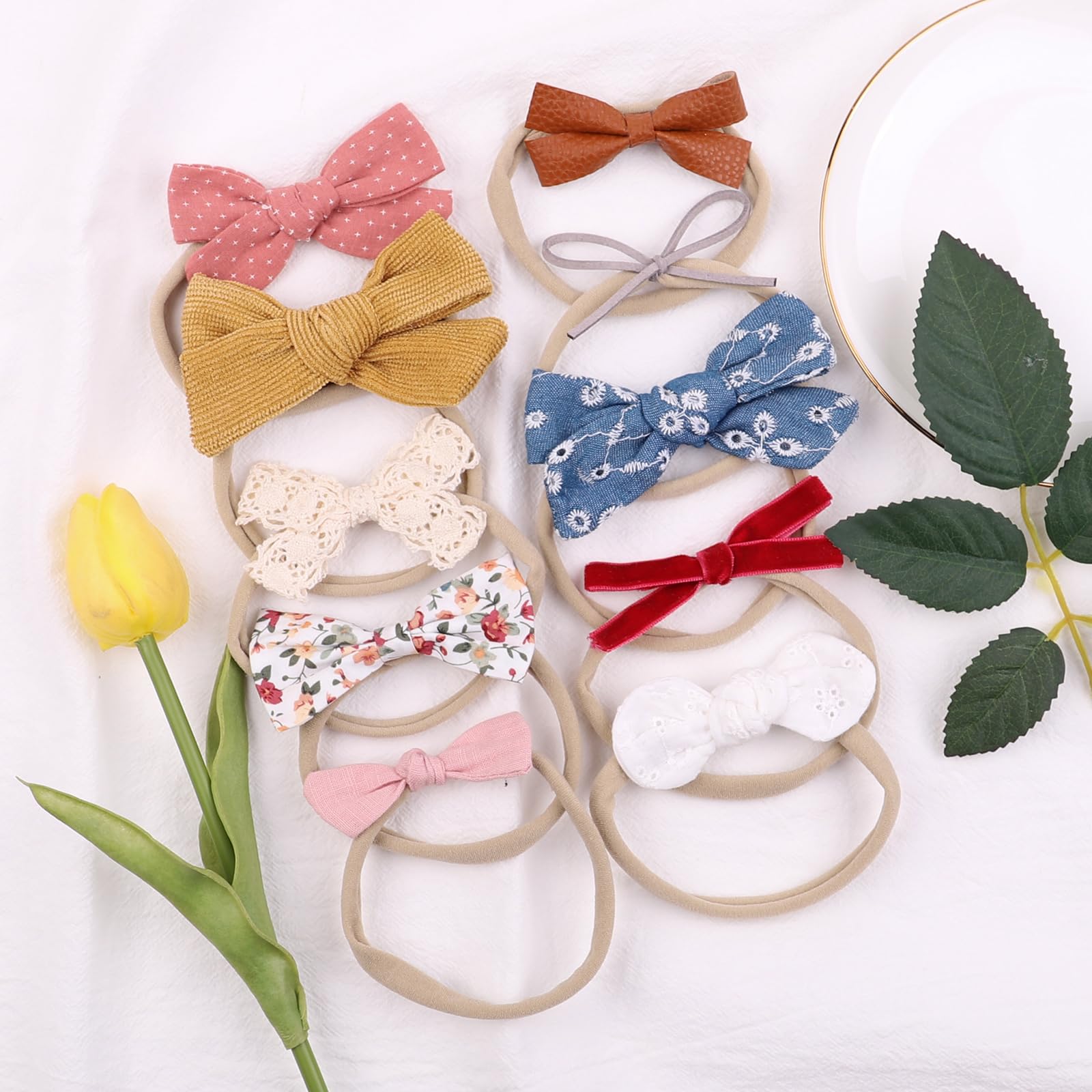 20pcs Bandeau bebe fille cheveux Bow nylon cheveux avec motif de fleurs à la main bébé nouveau - né bambin petite fille et enfants accessoires de cheveux