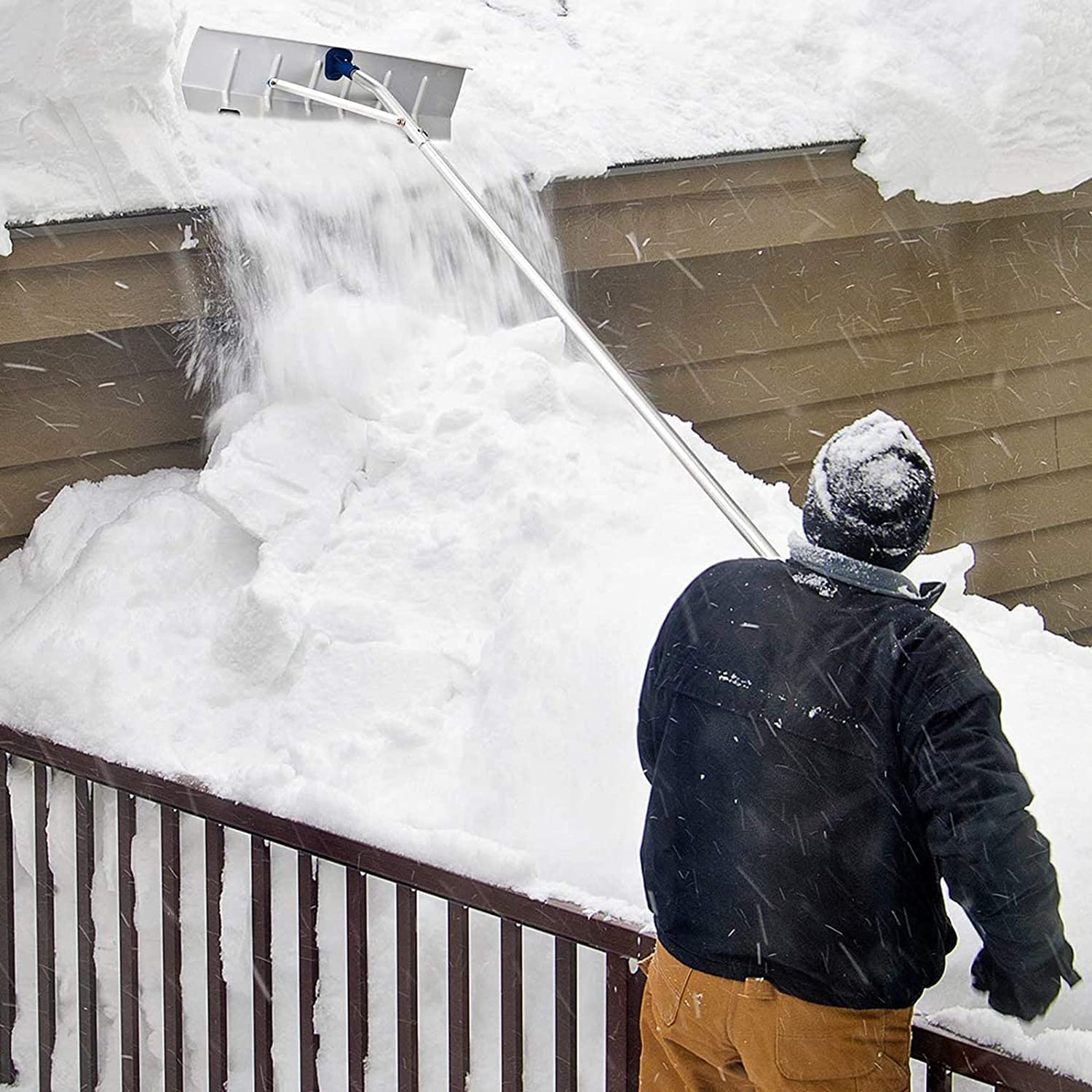 Rastrello da neve estensibile in alluminio, portatile e durevole, rastrello da neve antigraffio con lama da 26", tubi a 5 sezioni, impugnatura antiscivolo in TPE morbido, adatto per rimuovere neve e