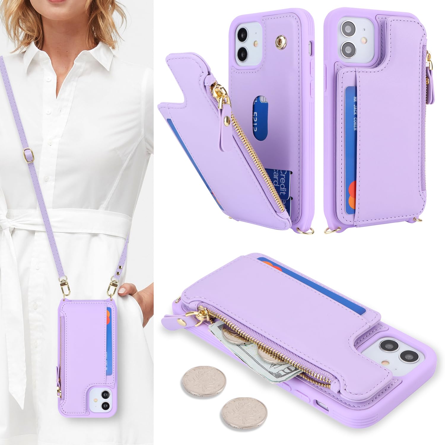 SailorTech for iPhone 12 Phone Case with Credit Card Holder for Women iPhone 12 Pro Leather Case Wallet Crossbody with Credit Card Slots Zipper Shockproof Case for Men