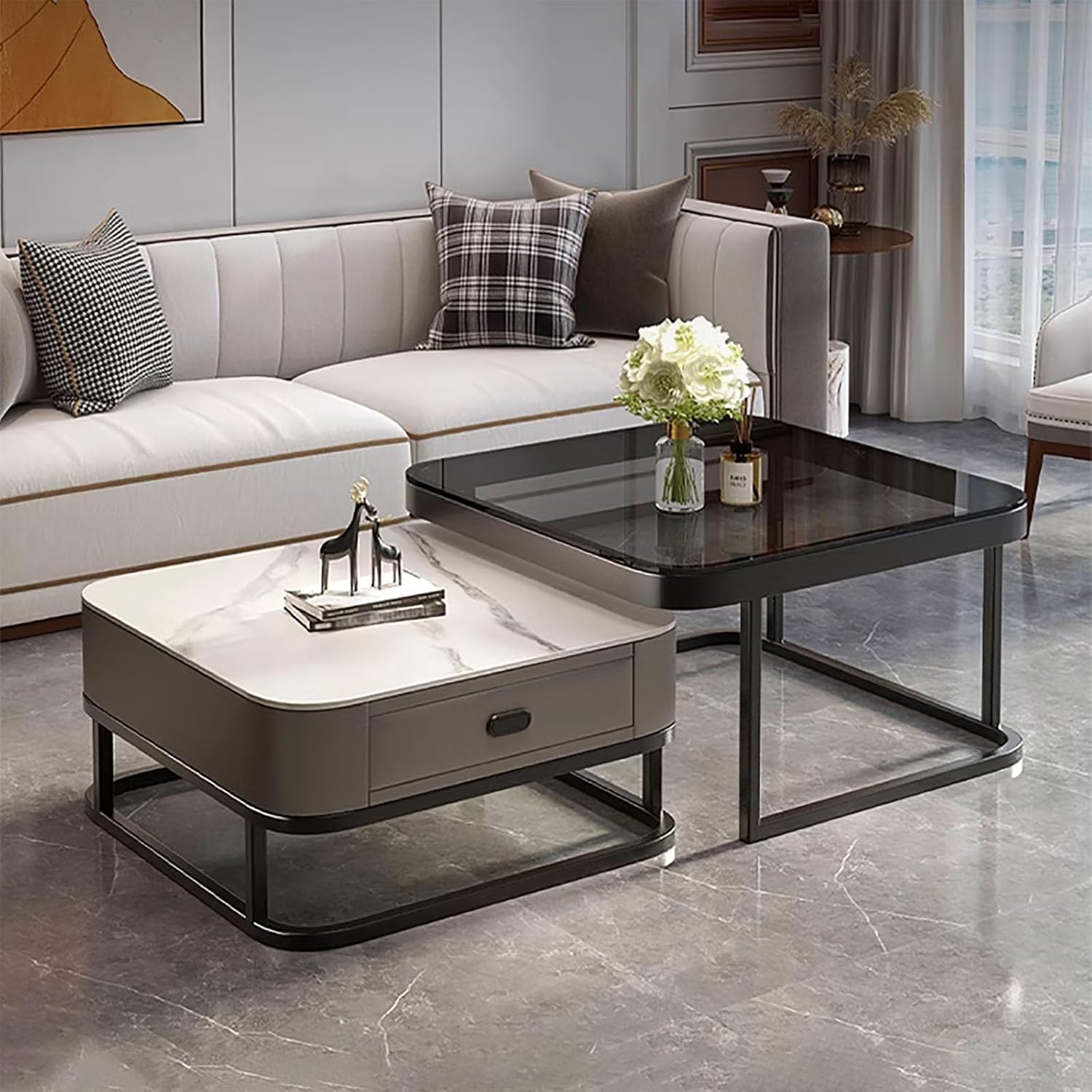 Glass Coffee Table With Metal Frame Gold Set Of 2 Storage Coffee Tables