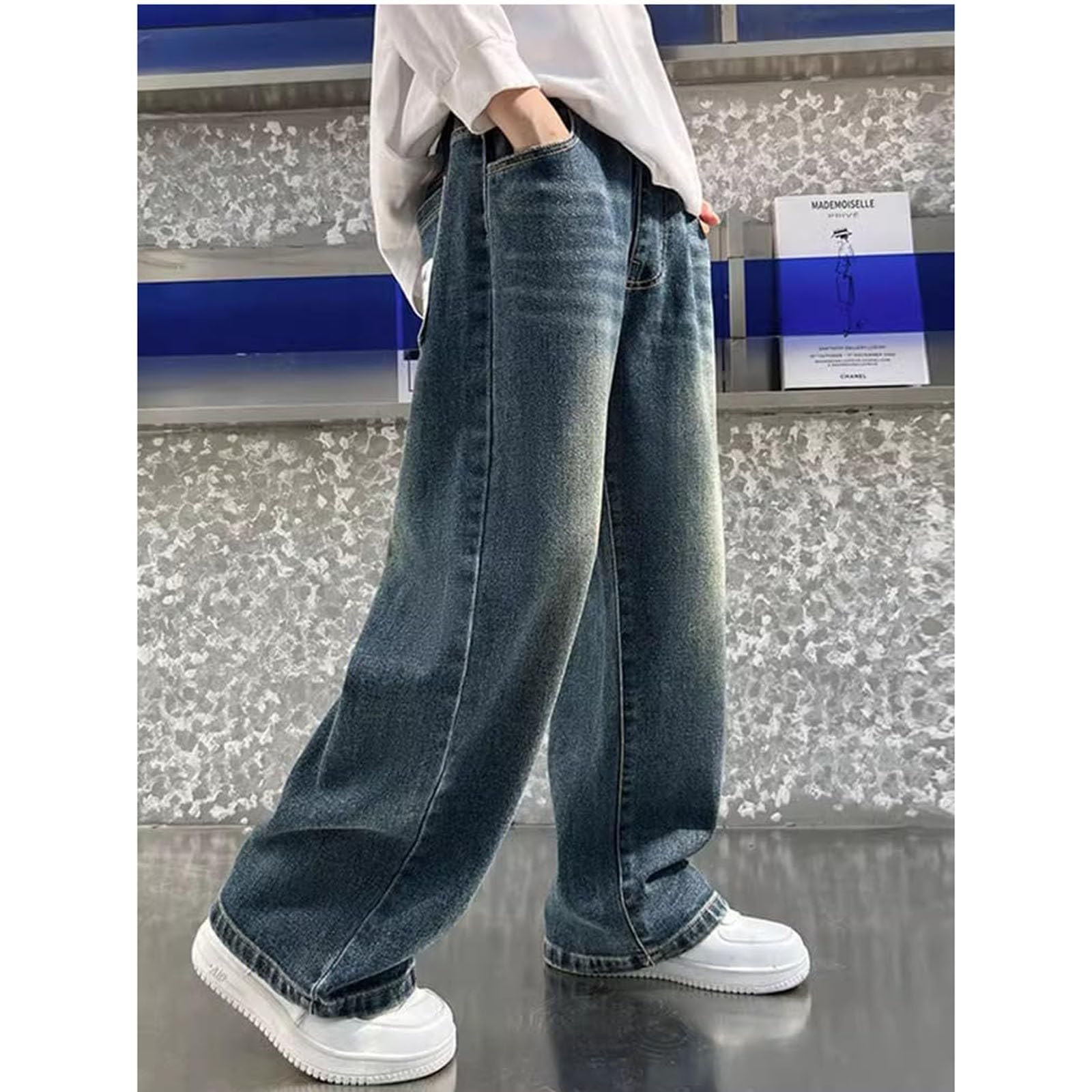 Pantalon en Jean Baggy Children Élastique Pantalons Garçon Denim Droit Coupe Ample Taille Style Urbain Hip Hop Streetwear Kids Pull-on Skinny Garcon 14 Ans Bleu Noir