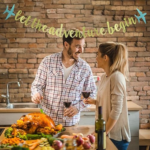 Miniatura 4 de KUNGOON Cartel de Let The Adventure Begin con avión con purpurina azul, tema de viaje mudanzadespedidagraduaciónbaby shower, cumpleaños, fiesta de