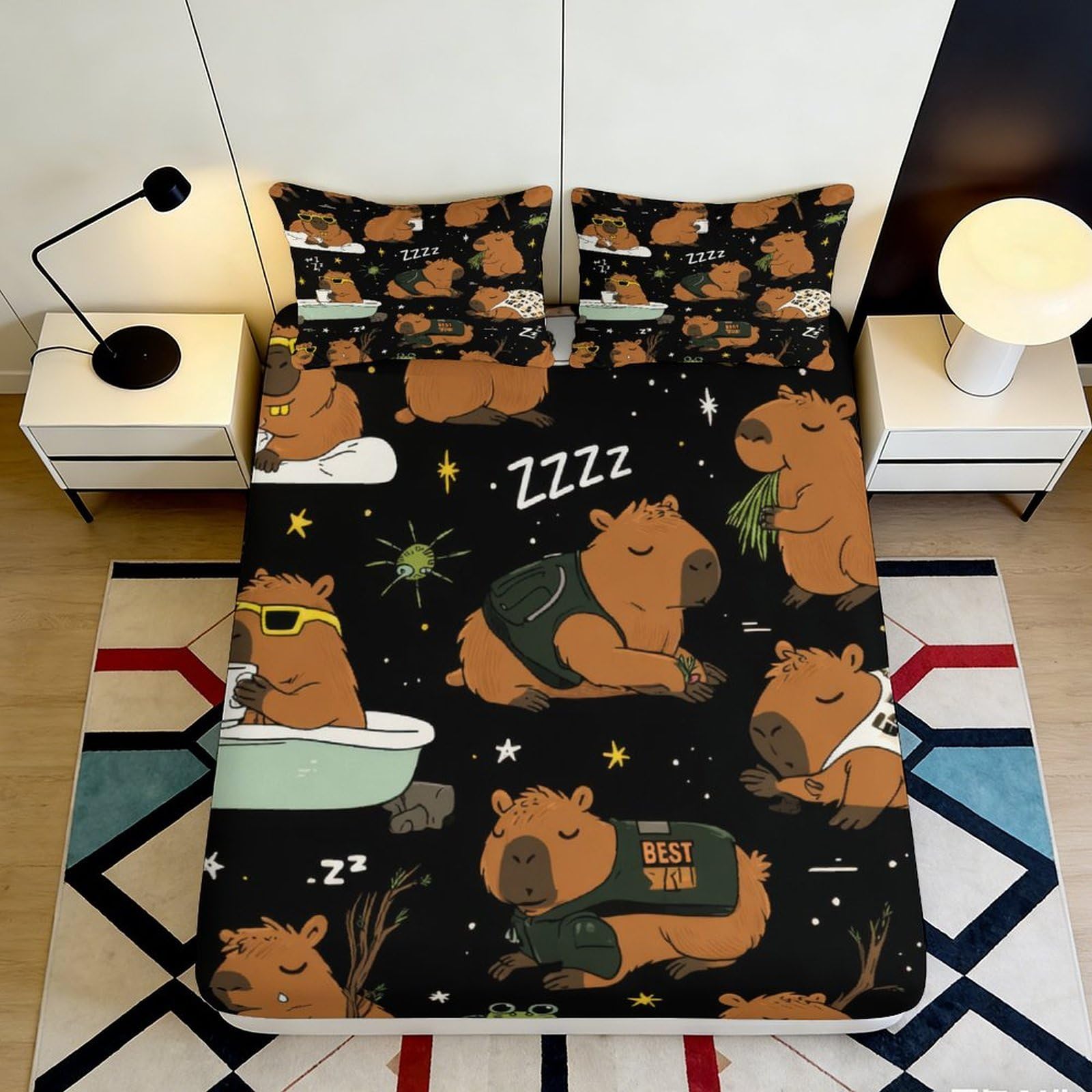 3D Printed Capybara Cartoon Fitted Sheet Microfiber Soft Washable Night Forest Bed Cover for Bedroom Dorm Decor 90x200x25cm