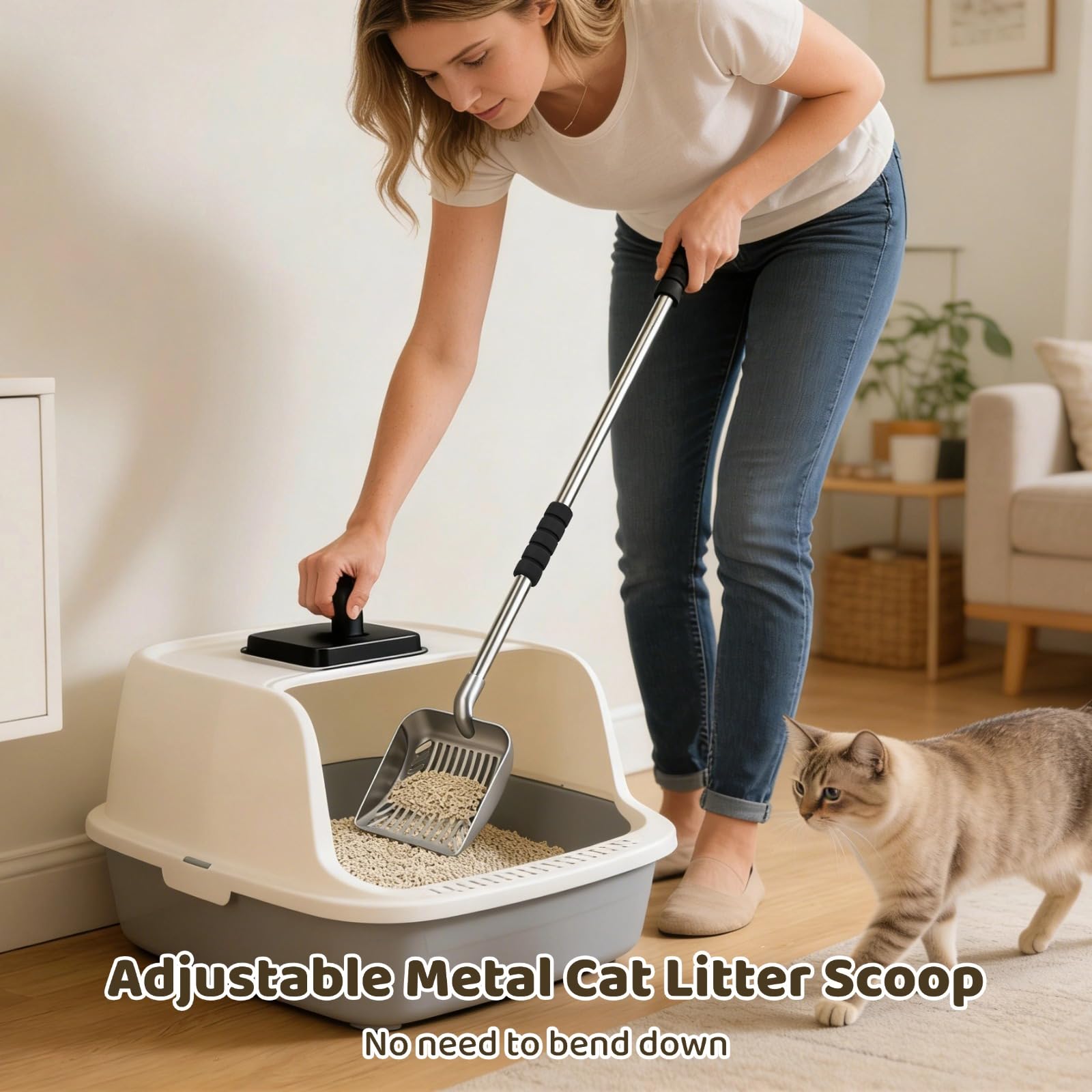 Paletta in metallo per lettiera per gatti con manico lungo 81,3 cm, setaccio a rete stretta da 0,6 cm, resistente paletta per rifiuti di animali domestici con impugnatura in schiuma, design staccabile
