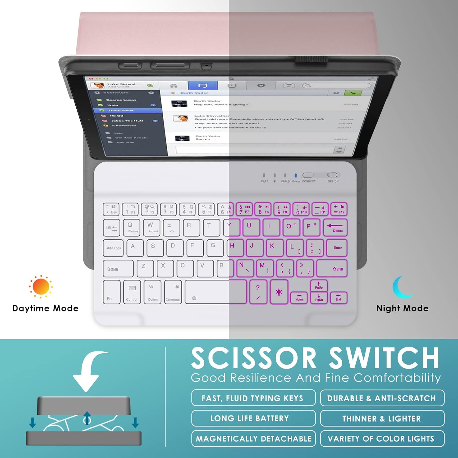 DETUOSI Backlit Keyboard Case for Samsung Galaxy Tab A7 Lite 8.7" 2021 (SM-T220/T227U) with S Pen Holder, 3 Viewing Angles Folio Leather Book Cover with Magnetic Closure + Wireless Keyboard Detachable