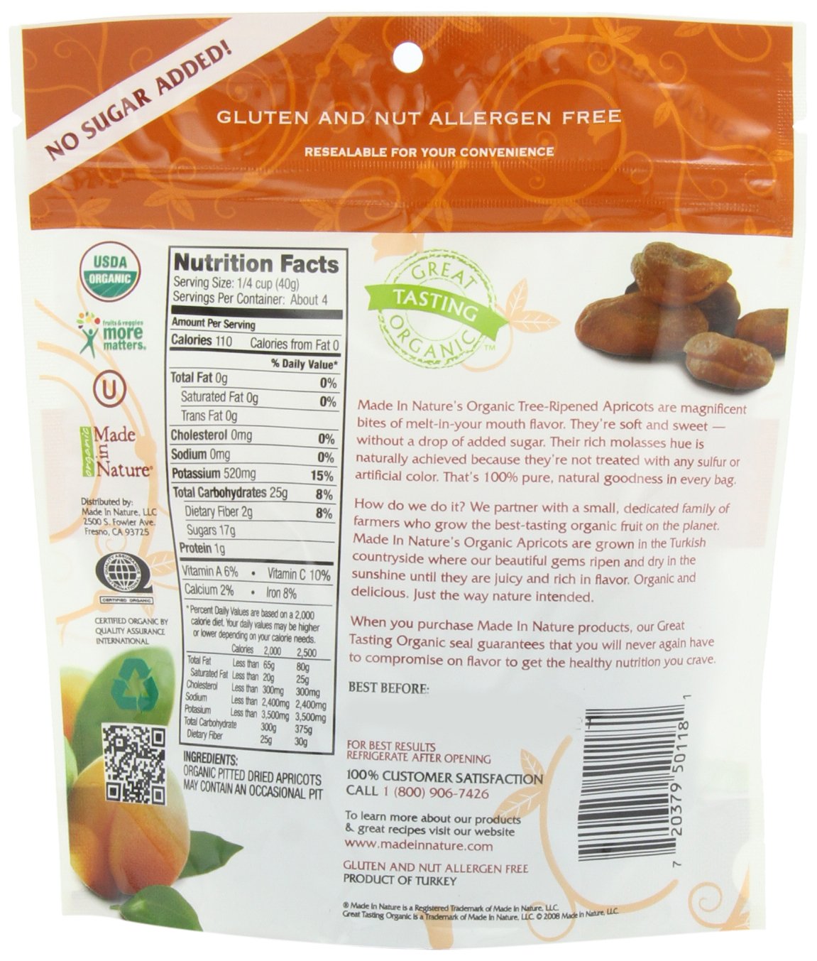 Made In Nature Organic Apricots, Dried, Unsulfured, 6-Ounce Bags (Pack of 6)