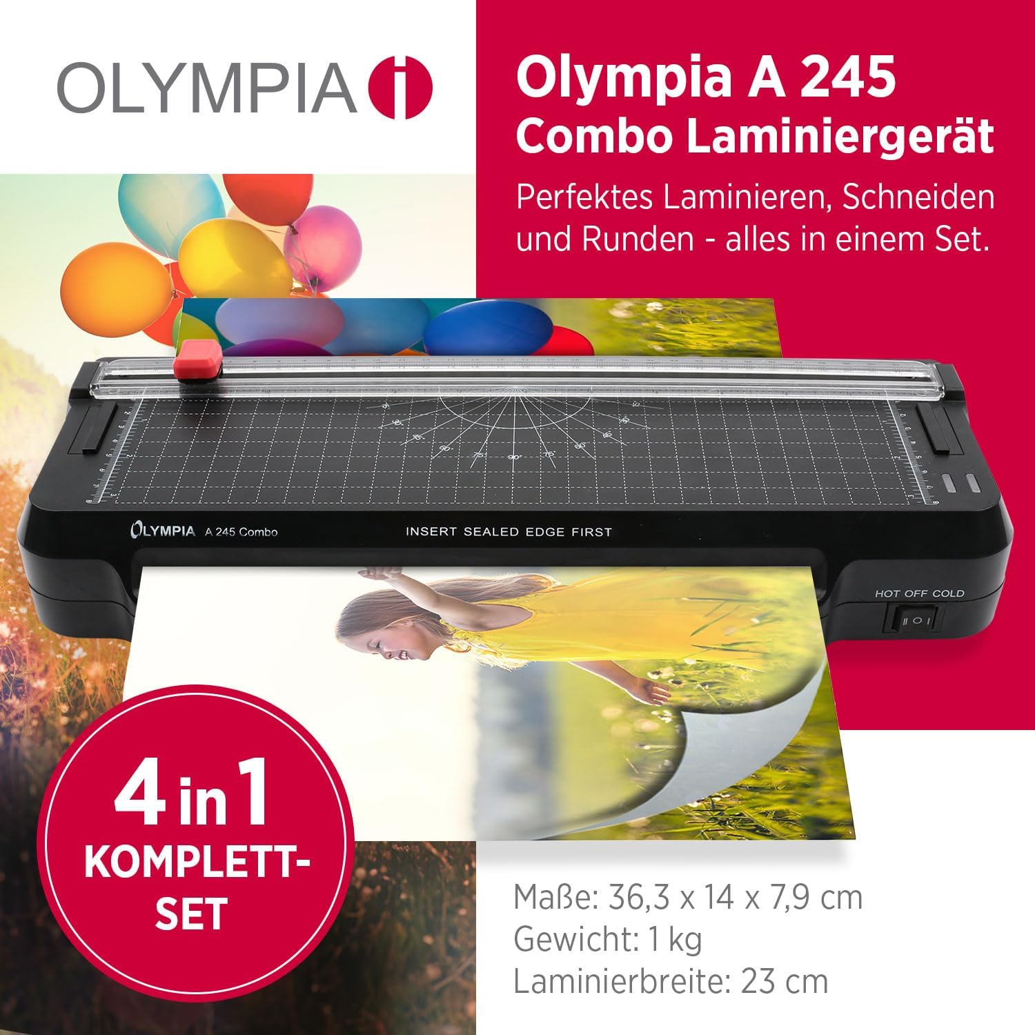 Olympia 4 in 1 Laminierset für A4 Laminator mit Papierschneider A245 Combo 4 in1 Laminiergerät + integriertes Schneidelineal + Laminierfolien-Set + Eckenrunder