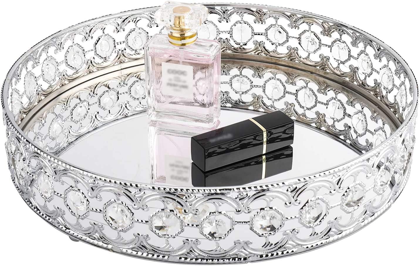 Plateau De Vanité Argenté Miroir - 25cm - Pour Maquillage, Bijoux, Parfums - Décoration Coiffeuse