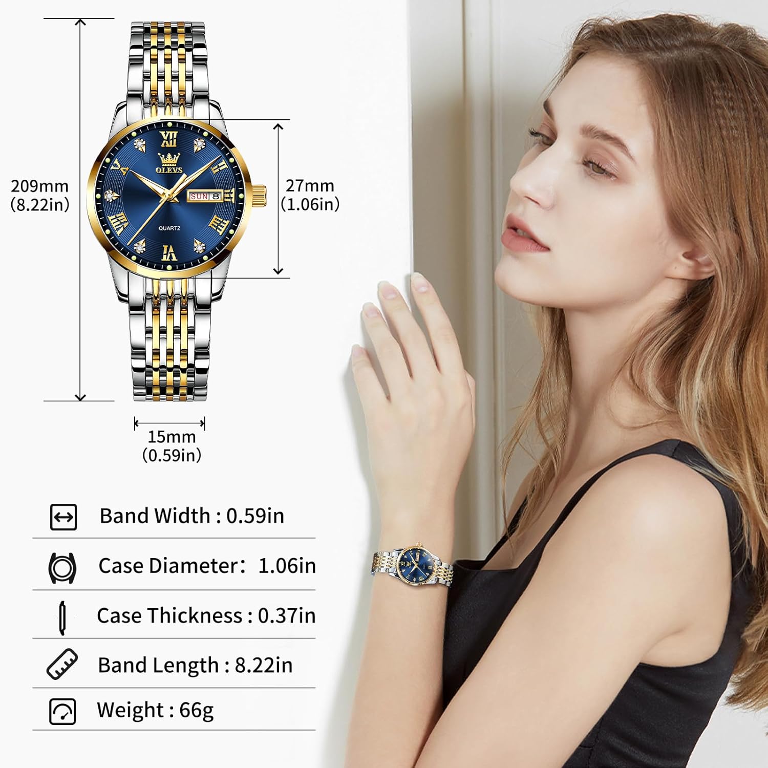 OLEVS Women Watches Date and Day,Ladies Watches with Silver Gold Stainless Steel,Elegent Female for Small Wrist Watch(White/Black/Blue/Gold Face) - Image 3