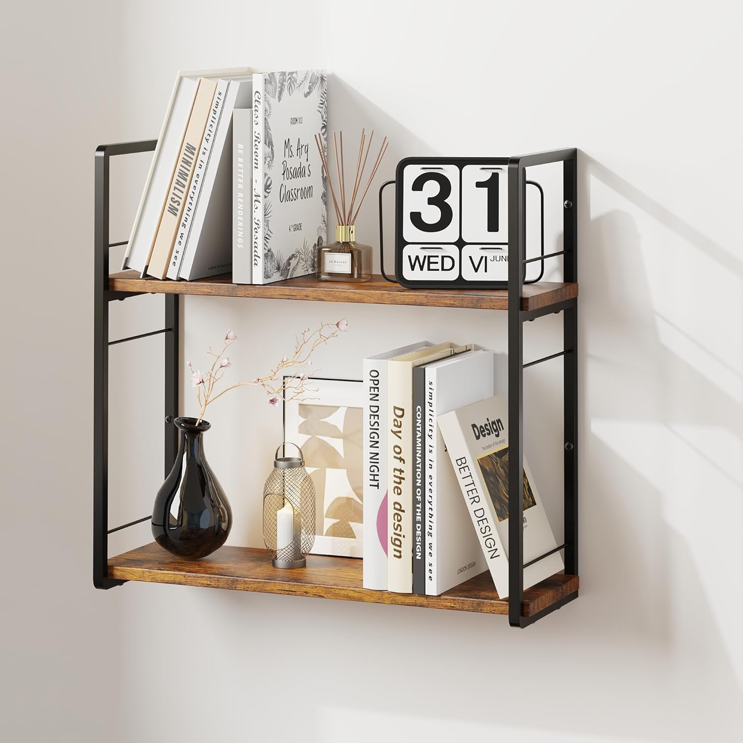 Floating Book Shelves for Wall, 2-Layer Wall Bookshelf for Book Storage, Space Saver, 16in Stud Hanging Shelf, Bedside Shelf for Living Room Bedroom Office, Dark Brown 1 Dark Brown