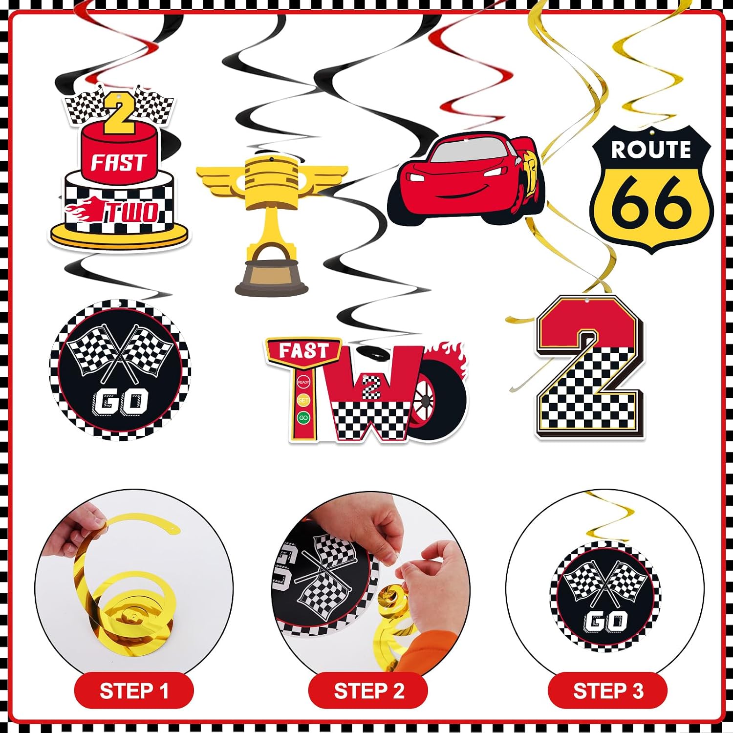 Black Red Yellow 2nd Birthday Hanging Swirl Decorations-Race Car Ceiling Streamers,Race Car Theme Party Supplies,Party Favors(38 Pcs)