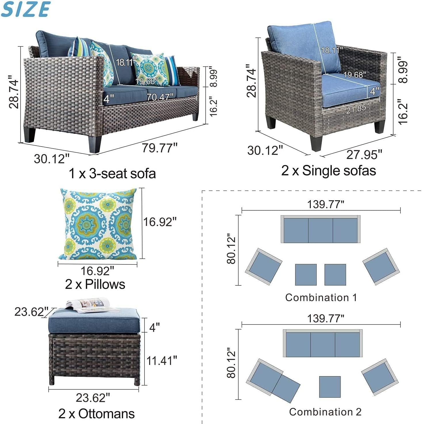 ovios Patio Furniture Sets 5 Pieces All Weather Outdoor Sectional Sofa Manual Weaving Wicker Rattan Patio Conversation Set, Backyard Balcony Porch Garden Poolside (Denim Blue) : Patio, Lawn & Garden