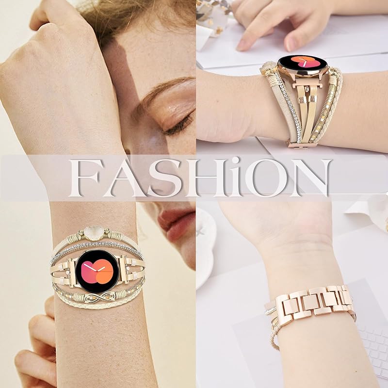VISOOM Boho Bőr Karkötő Samsung Galaxy Watch 7/6/5/4 Órához - 20mm Többrétegű Gyöngyös Szíj Női Okosórához, Khaki Kör Dizájn