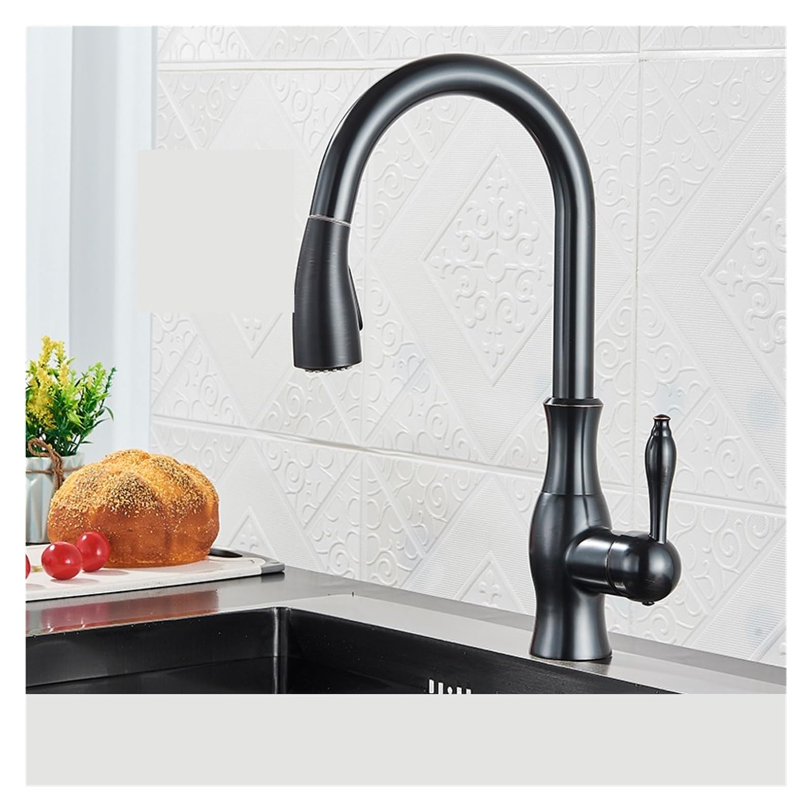FCXWEVR Sleek Black Pull-Out Kitchen Faucet Single Lever Water Mixer Tap with 360° Rotation Modern Chrome Finish Ideal for Contemporary Stylish Kitchens & Easy Cleaning!