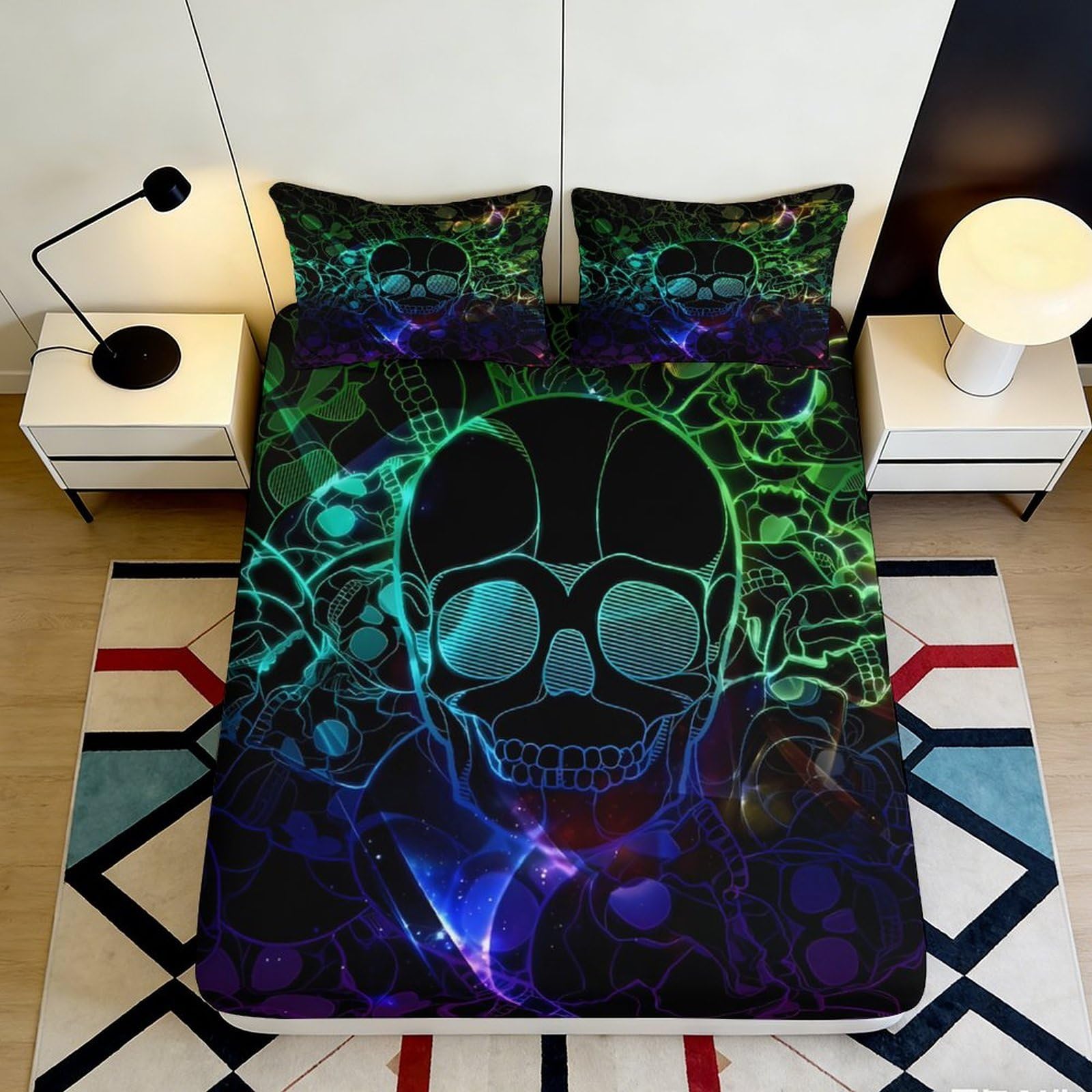 3D Printed Neon Skull Fitted Sheet Microfiber Soft Decorative Cosmic Skeleton Mattress Cover for Bedroom Dorm 90x200x25cm