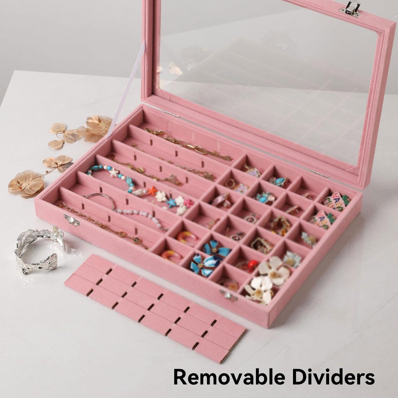 Qianly Jewelry Tray Organizer con 48 Scomparti Regolabili Porta Anelli Orecchini Collane Bracciali Custodia Robusta con Coperchio Trasparente in Tessuto, Rosa