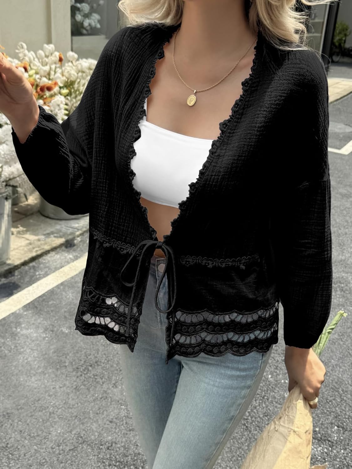 Tankaneo Womens Deep V Neck Tie Front Blouse Cotton Long Puff Sleeve Eyelet Tops Cute Lace Trim Flowy Ruffle Shirts - Image 5