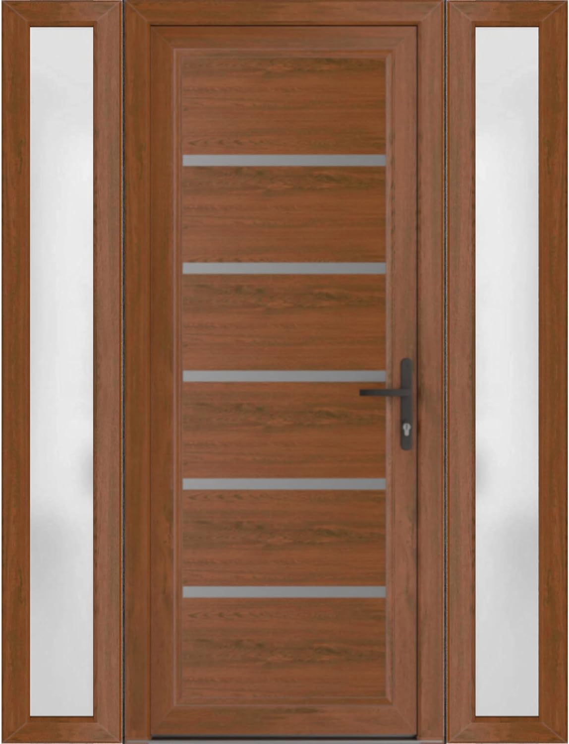 VDOMDOORS Front Exterior Prehung Metal-Plastic Door | Manux 8415 Walnut | 2 Side Sidelite Transoms | Residential Doors Entrance Patio Garage 64 x 80 (W14+36+14 x H80) Left-Inswing