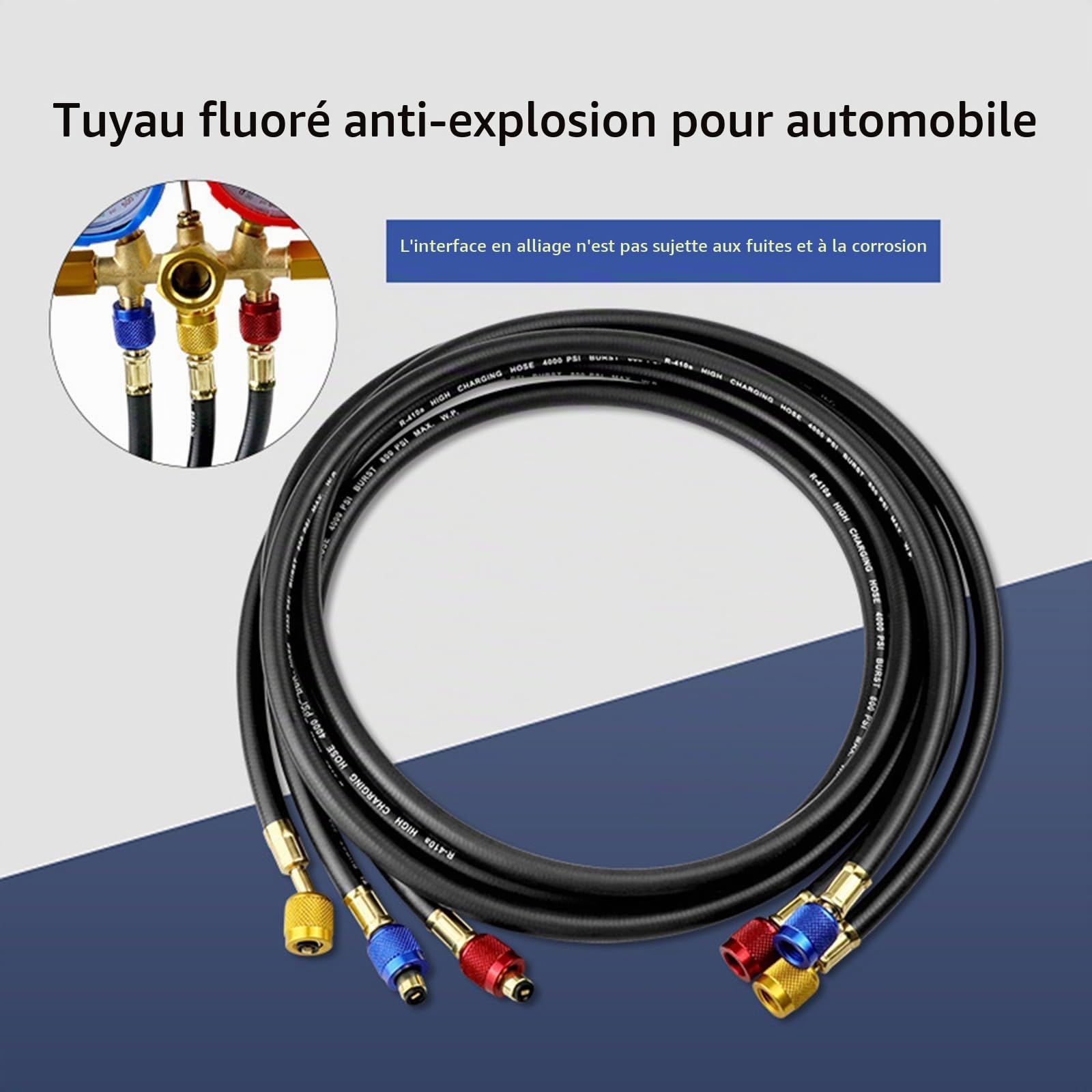 Tuyau de collecteur CVC avec valves et 4 adaptateurs en laiton pour systèmes R134A R410A R22