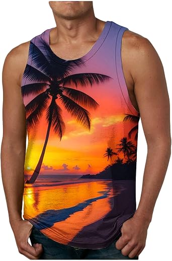 Big and Tall Graphic Tank Tops for Men Sleeveless Sunset Coconut Print Graphic Tee Shirts Casual Loose Pullover