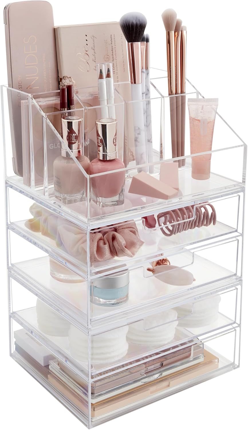 STORi Chloe Stackable Clear Makeup Holder and 4 Drawer Bundle | Organize Cosmetics and Beauty Supplies | Made in USA