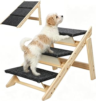 Foldable Dog Stairs for Bed, 3-Step 2-in-1 Dog Steps & Ramp for High Bed Couch, Solid New Zealand Pine Non-Slip Pet Ladder for Small Medium Dogs Cats