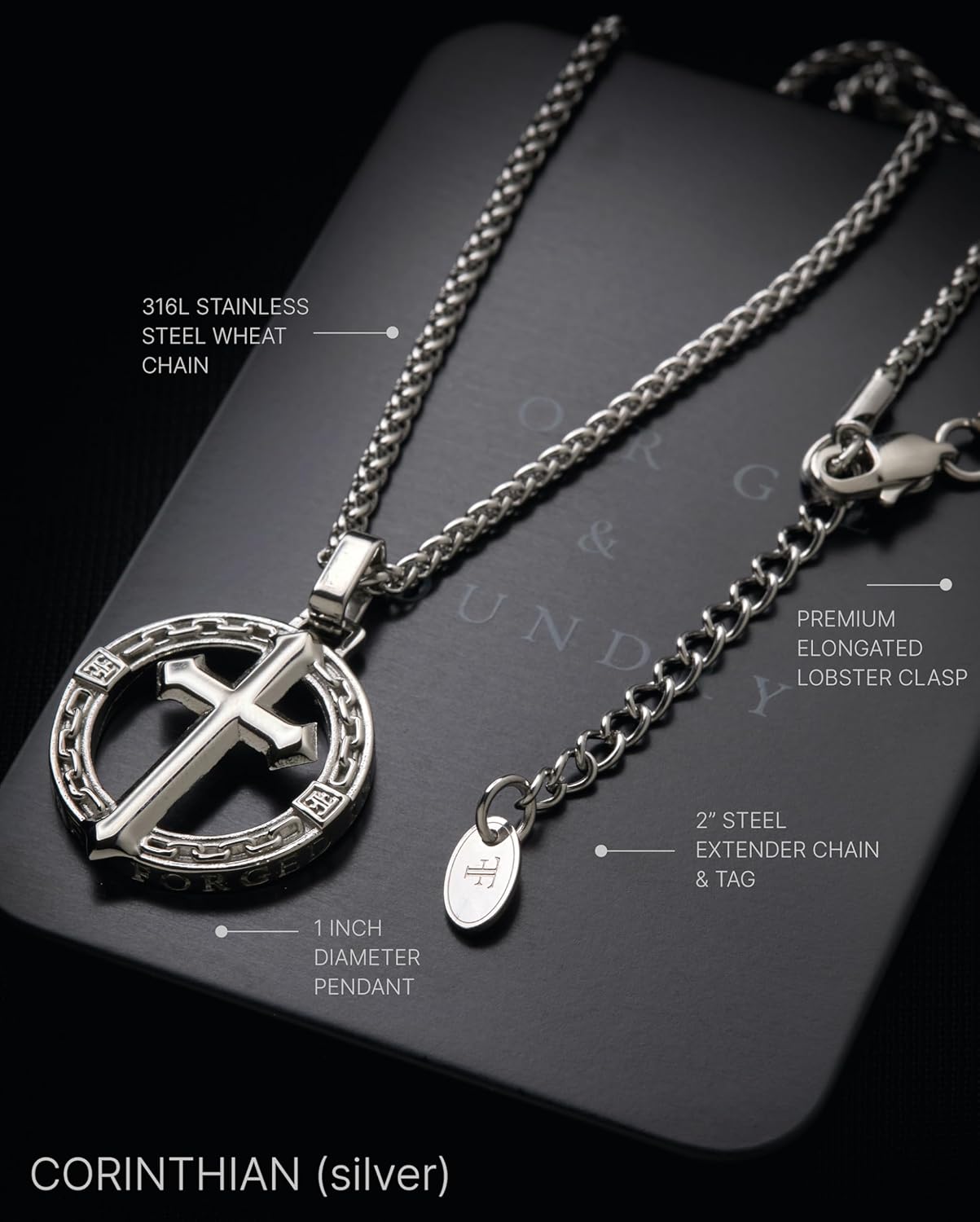 Forge & Foundry Men's Stainless Steel Cross Pendant with Adjustable 21" Necklace Wheat Chain | Corinthian | Design-led, artisan jewelry from London