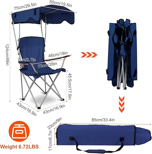 Miniatura 3 de TeqHome Silla de campamento con toldo de sombra, silla de césped plegable de alta resistencia con soporte para tazas, protección solar UPF 50+,