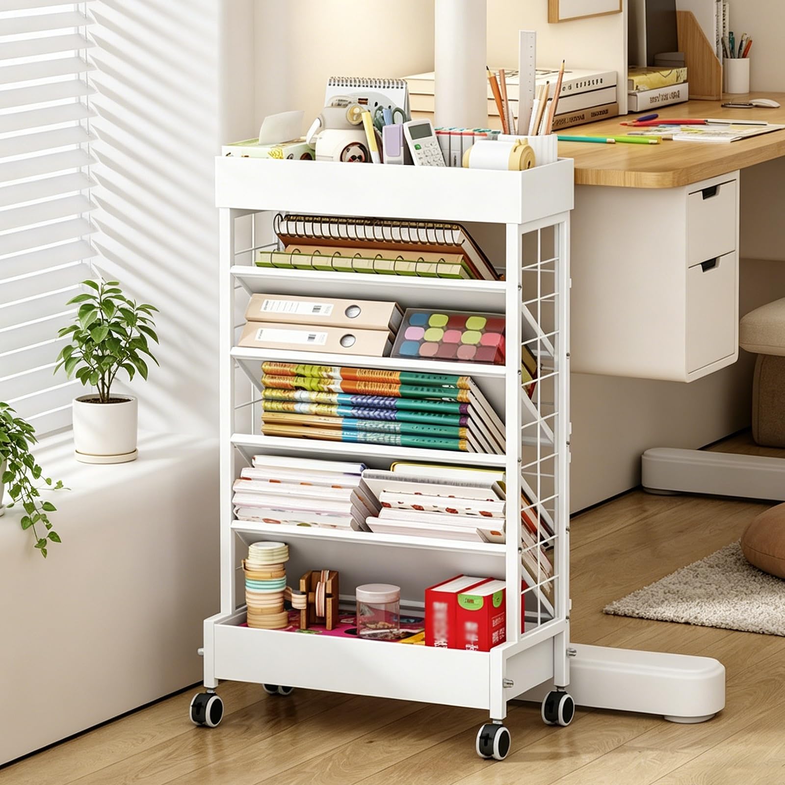 Chariot à livres mobile multi-couches et bibliothèque étroite gain de place