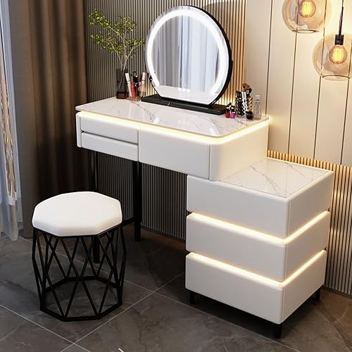 Escritorio de maquillaje con luz LED, escritorio de tocador con espejo y luces, juego de tocador de maquillaje de 6 cajones para dormitorio,