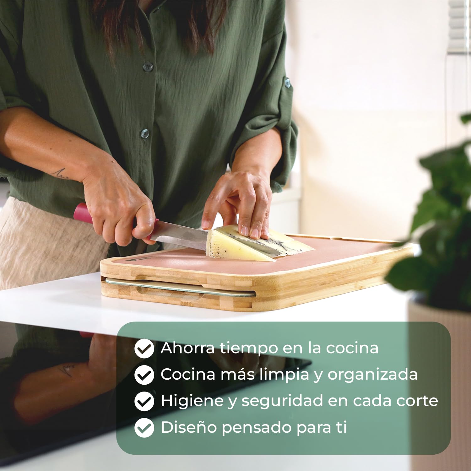 LITA Tabla de Cortar de Bambú Antibacteriana 36,5 x 27 x 4 cm, Doble Cara con 3 Alfombrillas Intercambiables, Tabla de Cocina para Carne, Pescado, Verduras y Pan, Libre BPA