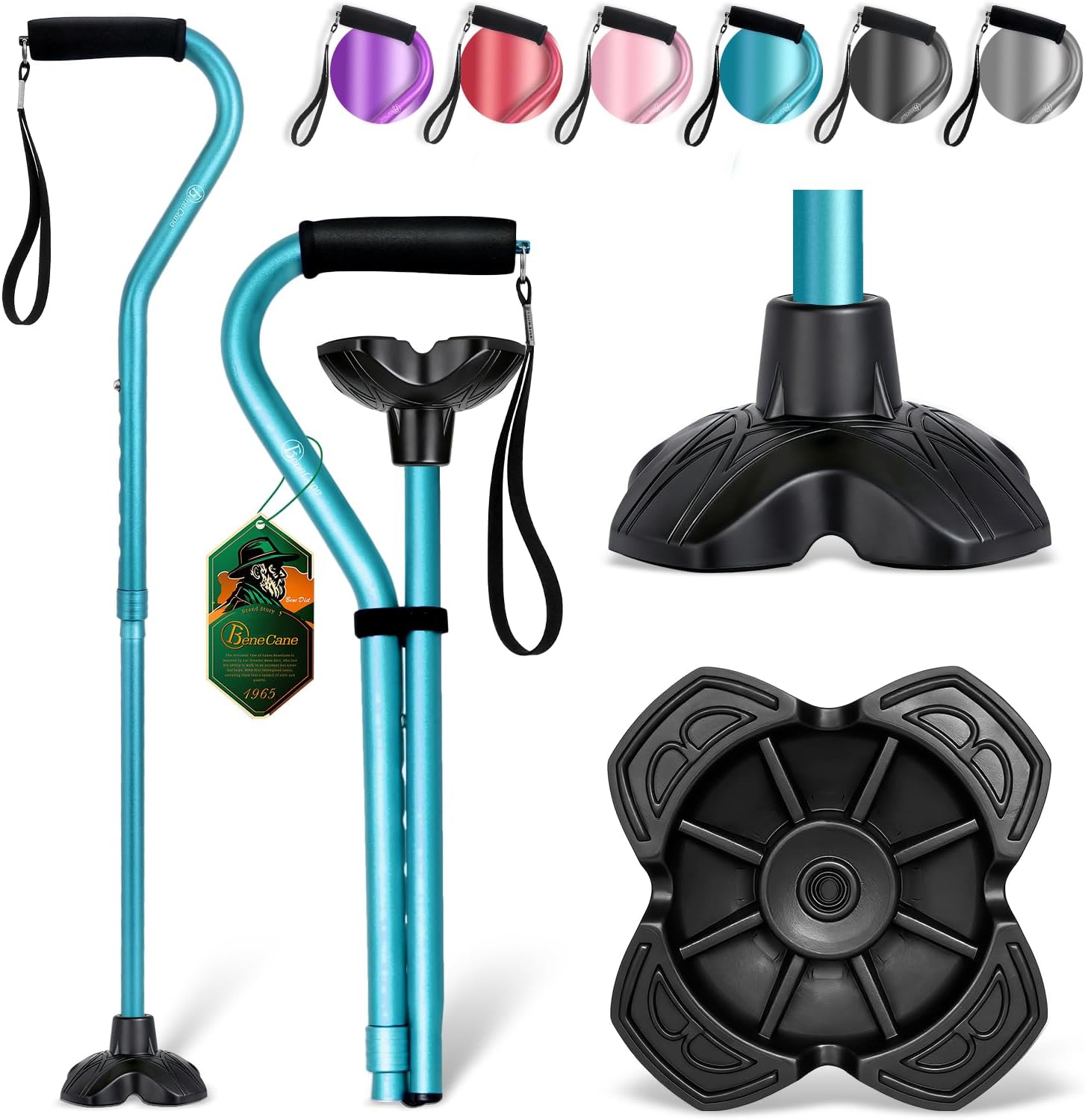 Walking Cane Adjustable Cane with Offset Soft Cushioned Handle for Men & Women Lightweight Comfortable Extra Stability Base Mobility Aid for Men Women and Seniors