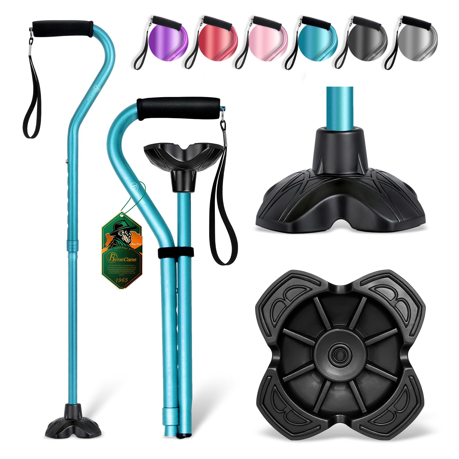 Walking Cane Adjustable Cane with Offset Soft Cushioned Handle for Men & Women Lightweight Comfortable Extra Stability Base Mobility Aid for Men Women and Seniors