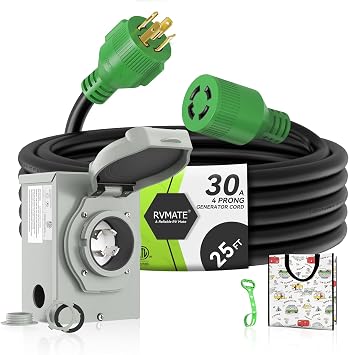 RVMATE 4 الشق 30 أمبير مولد الحبل 25 FT ومحرورة مسبقا الطاقة مدخل مربع للماء كومبو كيت، NEMA L14-30 P إلى L14-30 R مولد الحبل مع NEMA L14-30 P مولد مدخل، ETL المدرجة