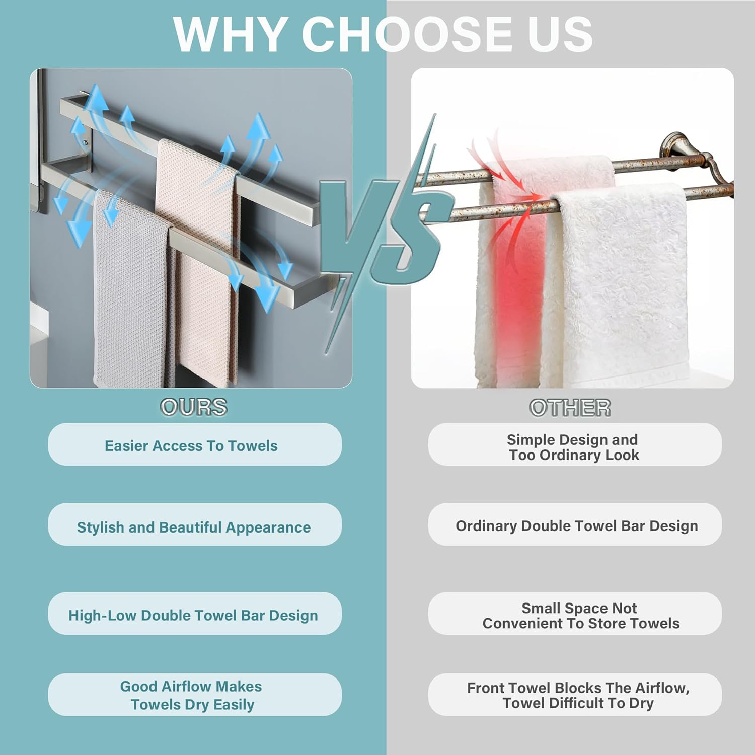 Alise Double Towel Bar, 24" Towel Racks for Bathroom Wall Mounted SUS304 Stainless Steel, Heavy Duty Bathroom Towel Holder, Quick Drying Towel Hanger, Brushed Nickel - Image 8