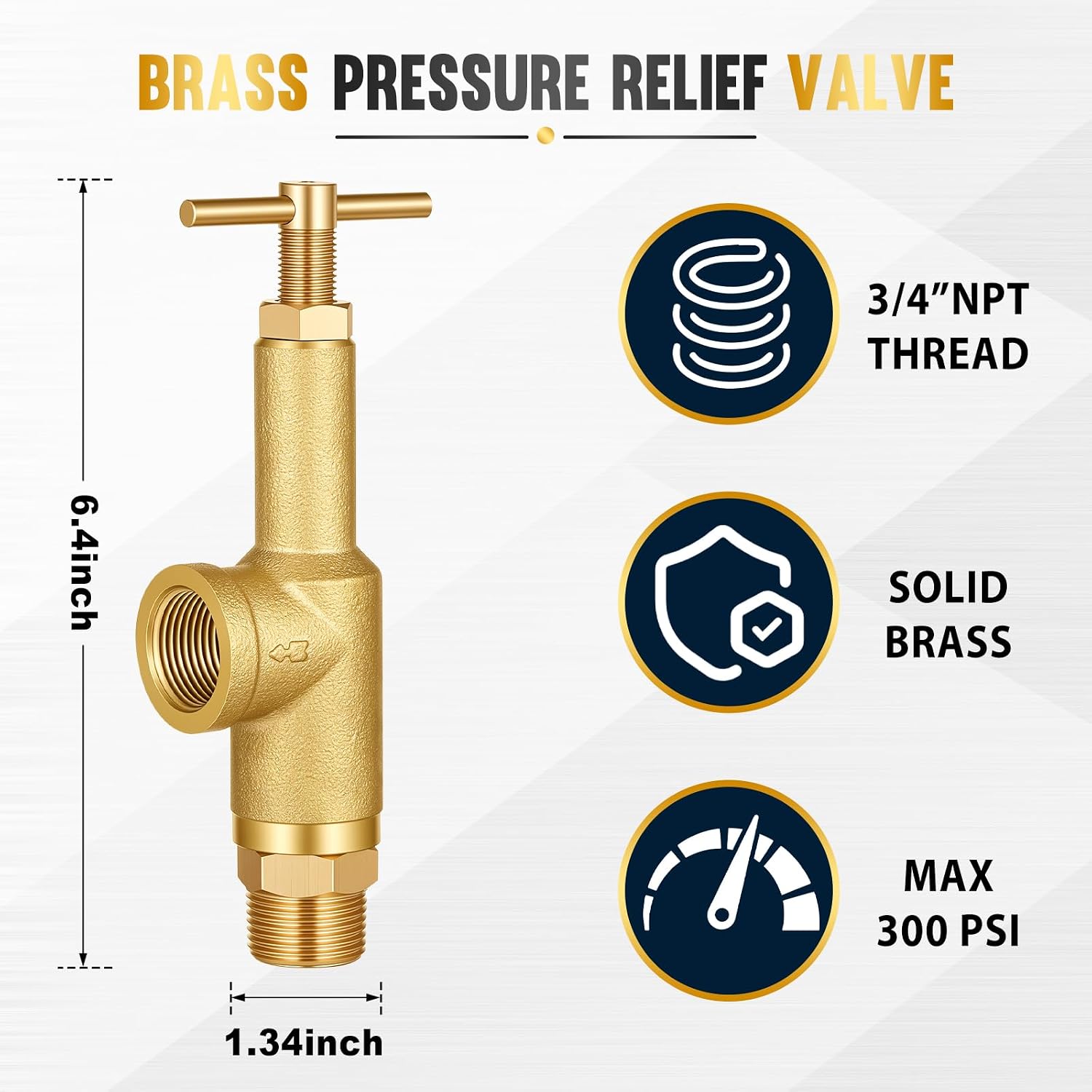 Pressure Relief Valve 3/4 Inch NPT 300 PSI Max Brass Safety Relief Valve Brass Piston Type Pressure Regulator for Industrial Regulating Protection Against Excessive Stress