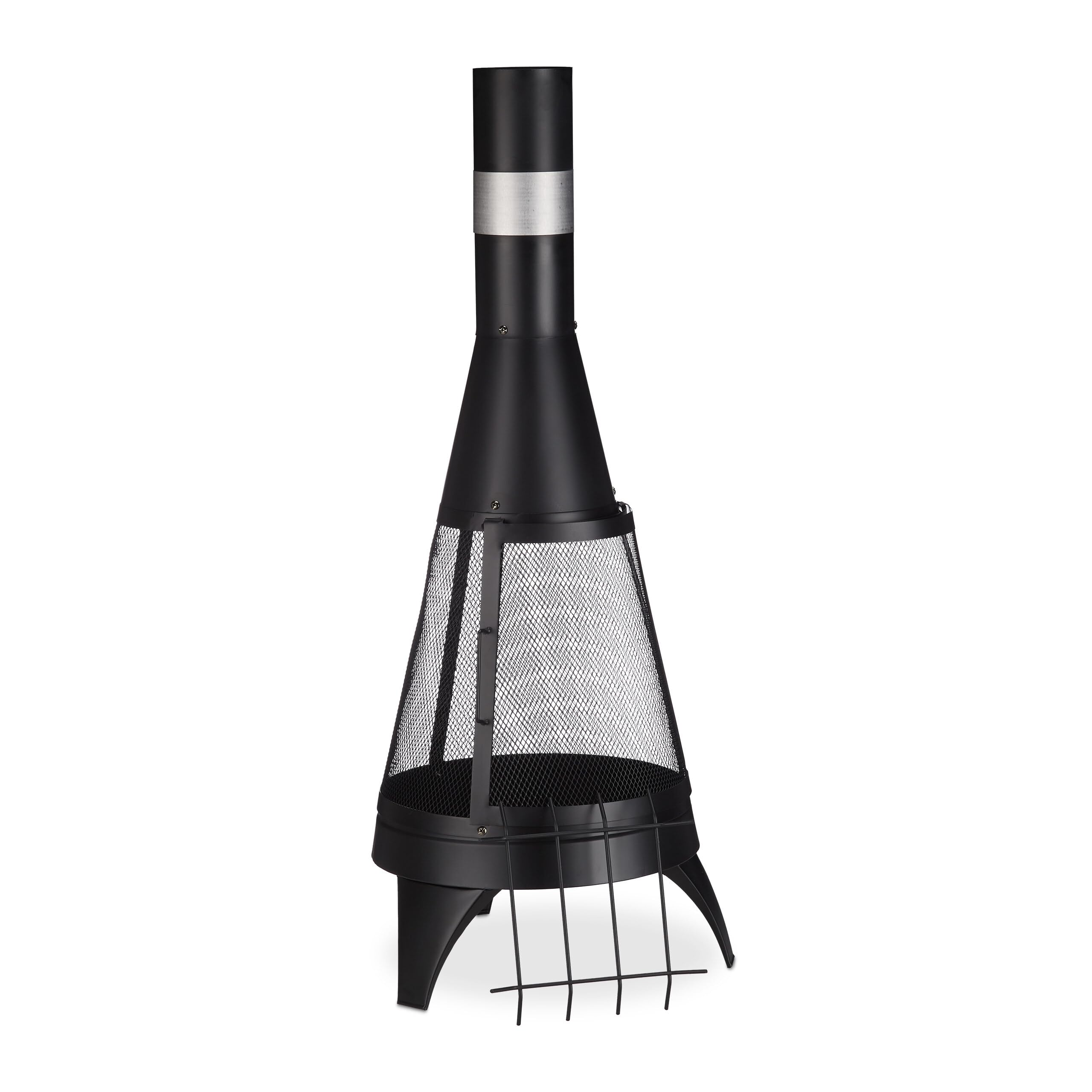 Relaxdays Stufa da Esterno con Parascintille, Attizzatoio e Griglia, HxD: 120 x 47cm, Camino da Giardino e Balcone, Nero