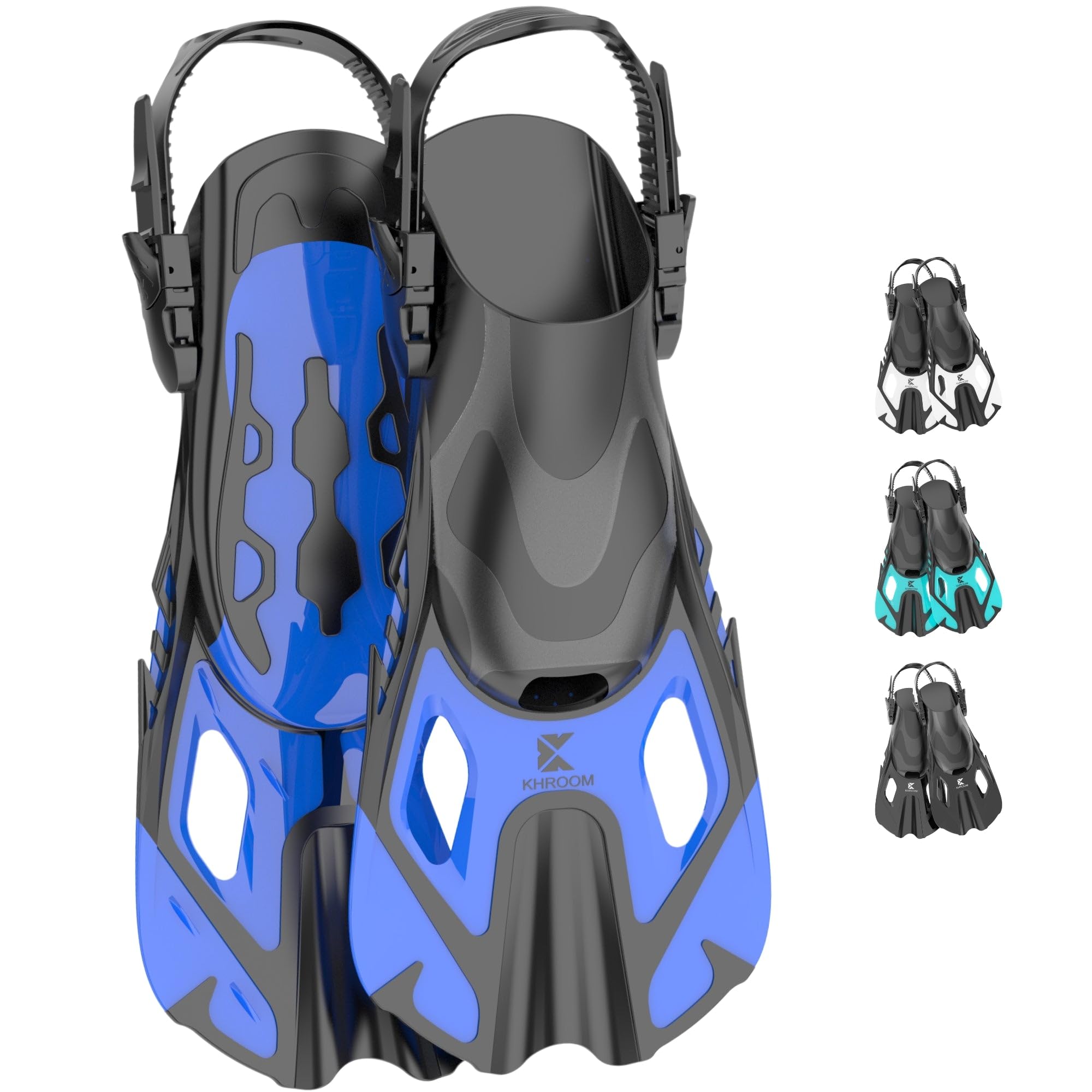 Khroom Aletas Cortas Adultos / niños Talla 32-47 | Aletas de Snorkel Ajustables | Aletas de Natación Cortas para Snorkel / Buceo Azul (37-41)