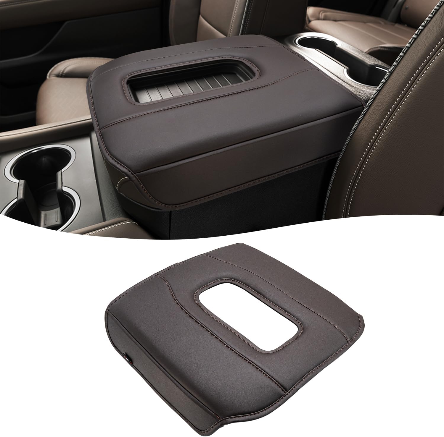 KBH Center Console Armrest Cover for GMC Sierra & Chevy Silverado 2019-2025, Tahoe & Suburban & Yukon 2021-2025, Bucket Seat Console Accessories, Black-Red Stitches