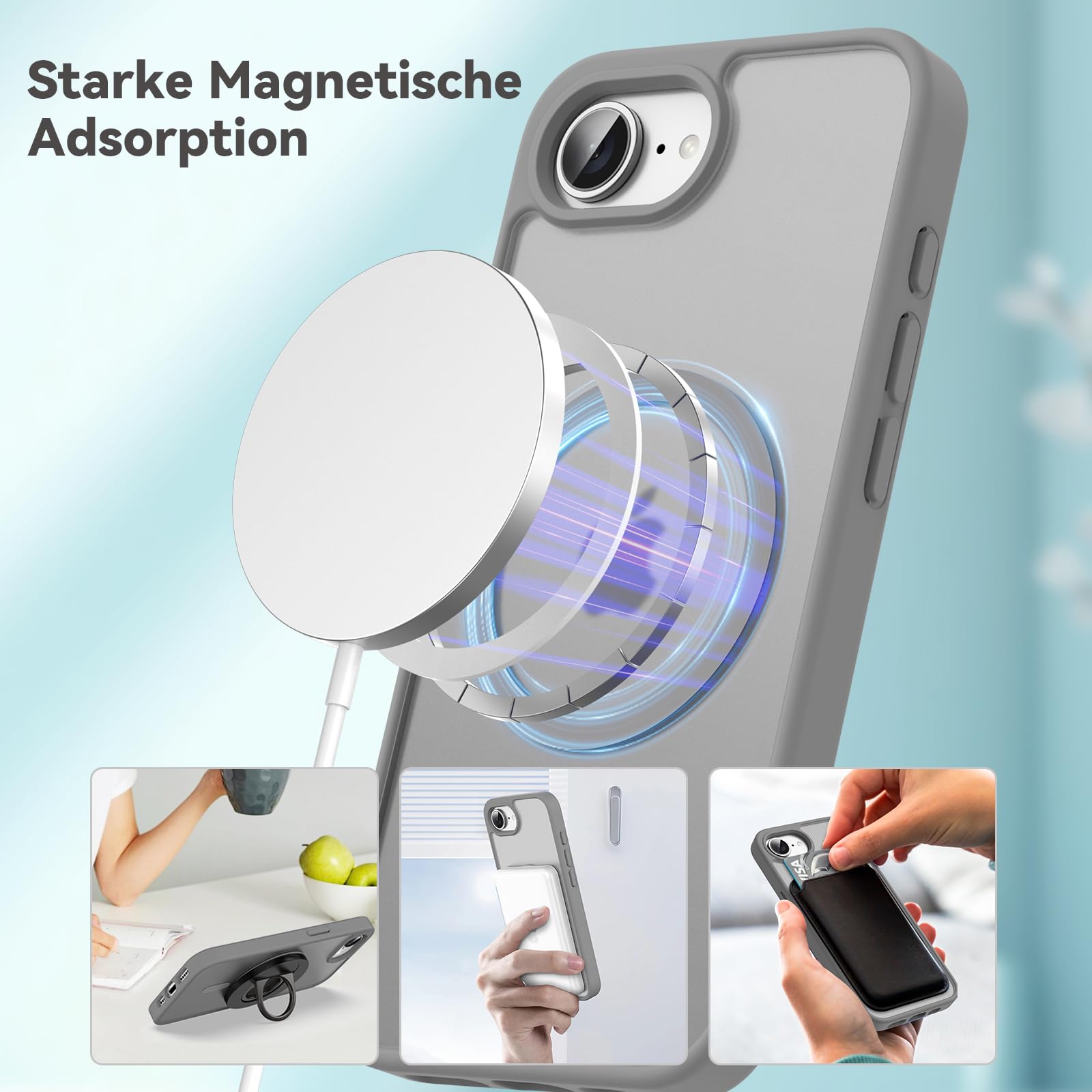 Natiiozie Magnetica Cover per iPhone 16E Compatibile con ricarica wireless Custodia Traslucida Opaca Posteriore, Antiurto Anti-impronta Resistente ai Graffi Protettiva Case iPhone 16E Grigio