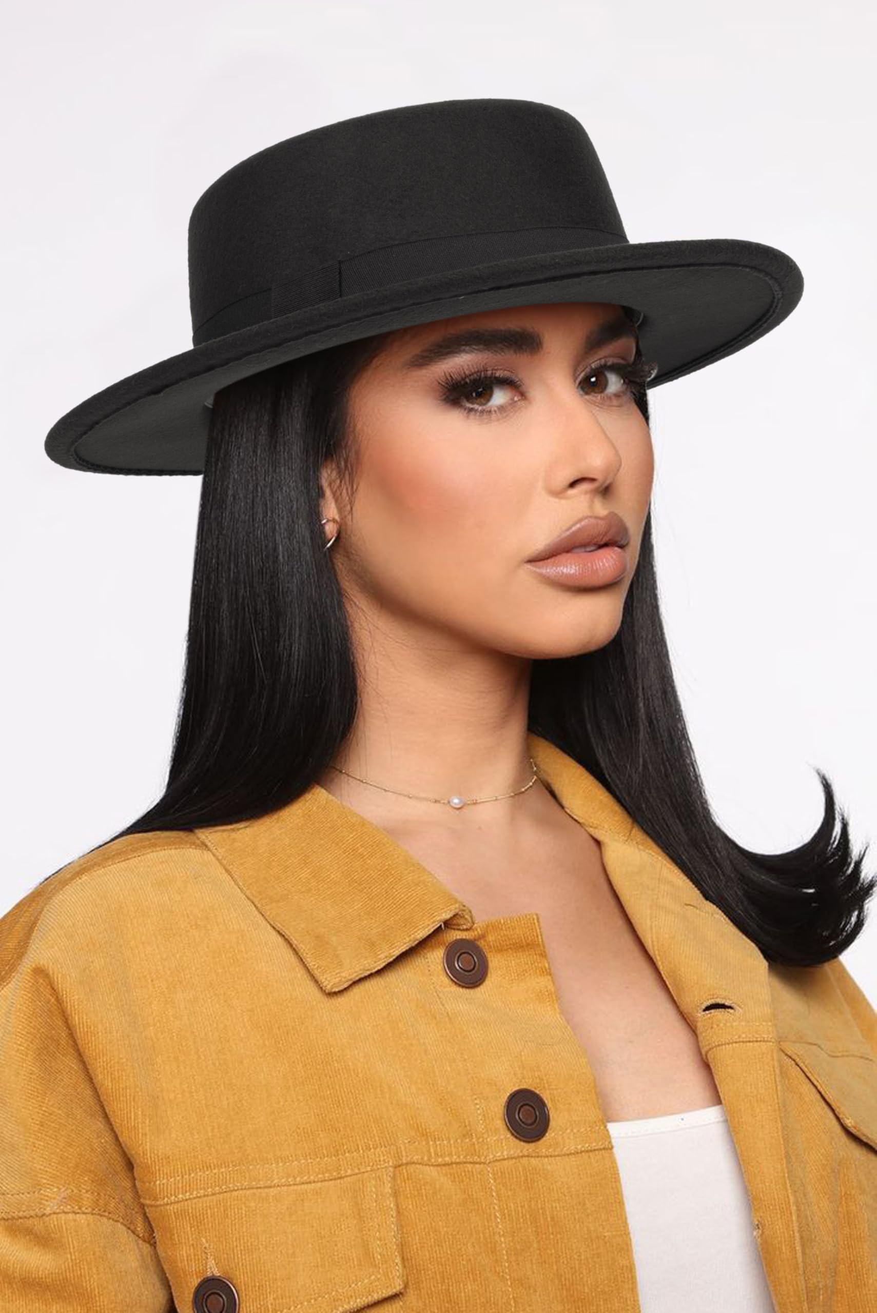 Pork Pie Cappello Uomo Donna Cappello Fedora a Tesa Larga con Fascia Lady Panama Cappelli Trilby Cappello Autunno Inverno Nero