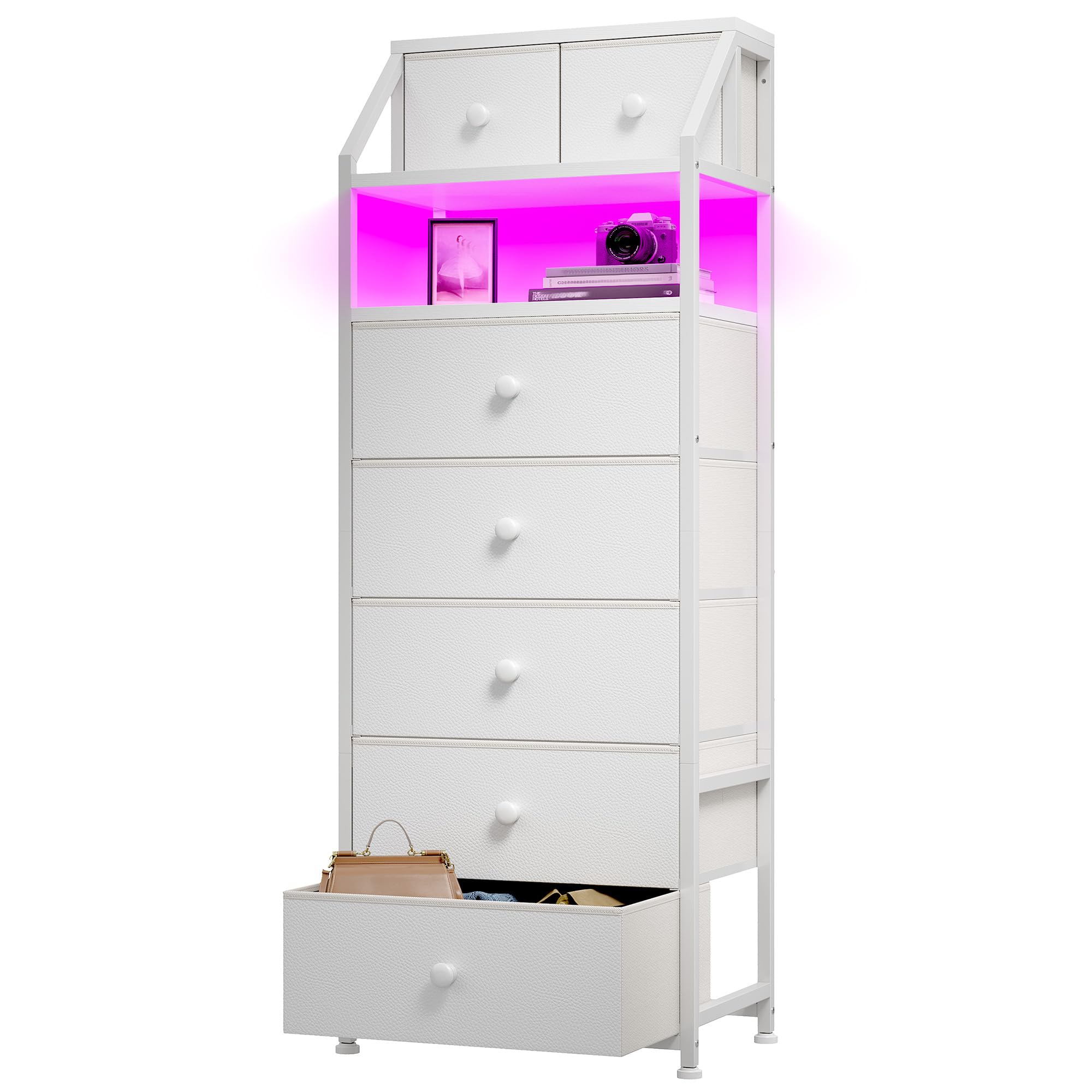 EnHomee 51.2" H Nightstand with LED Lights, 7 Fabric Drawers Dresser for Bedroom, Sturdy Nightstands with Open Wood Shelf, Metal Frame, Bedside Table