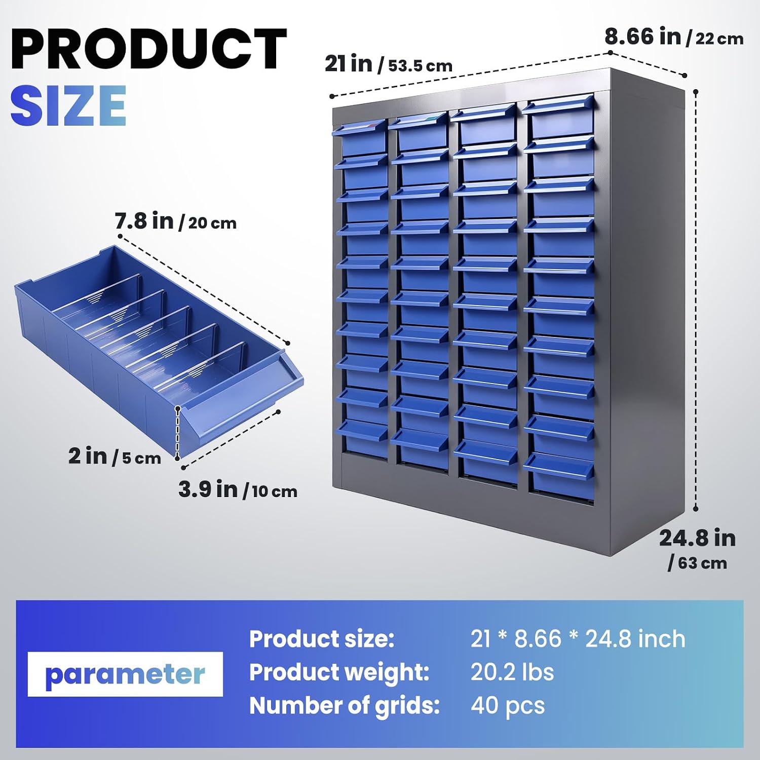40 Drawers Nut and Bolt Organizer, 24.8" H x 8.66" D x 21" W, Heavy Duty Alloy Steel Parts Cabinet, ABS Material Toolbox Organization with Lables, Parts Bin for Households & Factories (40 Drawers)