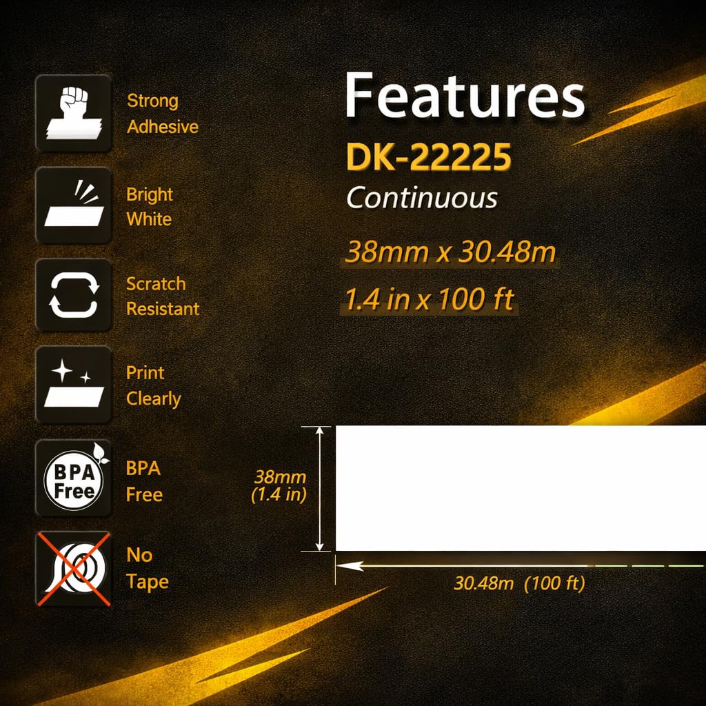 Yellow Yeti 20 Rotoli DK-22225 Etichette adesive continuo 38mm x 30,48m Nastri compatibili per Brother P-Touch QL-500 QL-550 QL-570 QL-700 QL-710W QL-720NW QL-800 QL-810W QL-820NWB QL-1100 QL-1110NWB