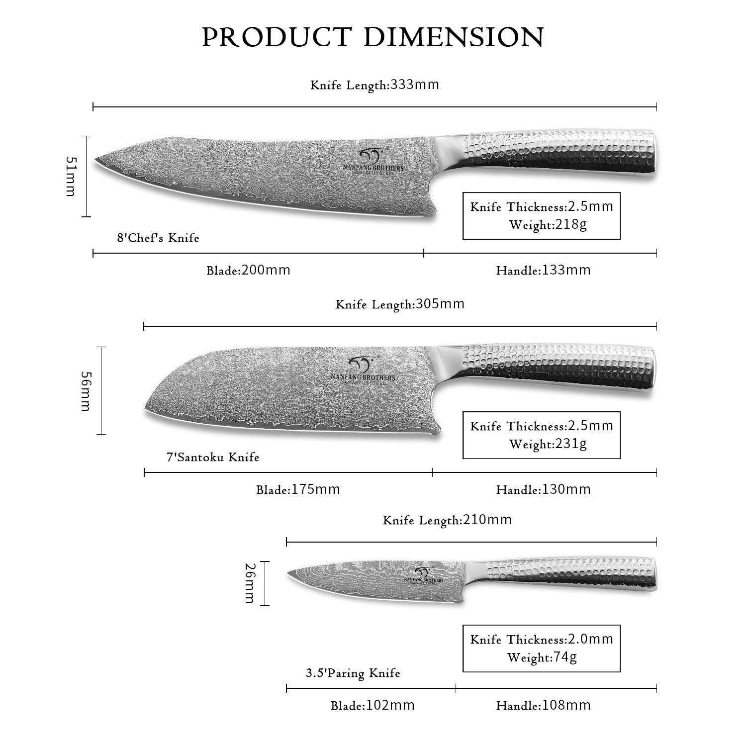 Set Coltelli Da Cucina Professionali - 3 Pezzi Acciaio Inossidabile Nero Coltello Da Cucina con Ceppo Coltelli - Professional Kitchen Knife Set with Block Kitchen Knives Chef Knife