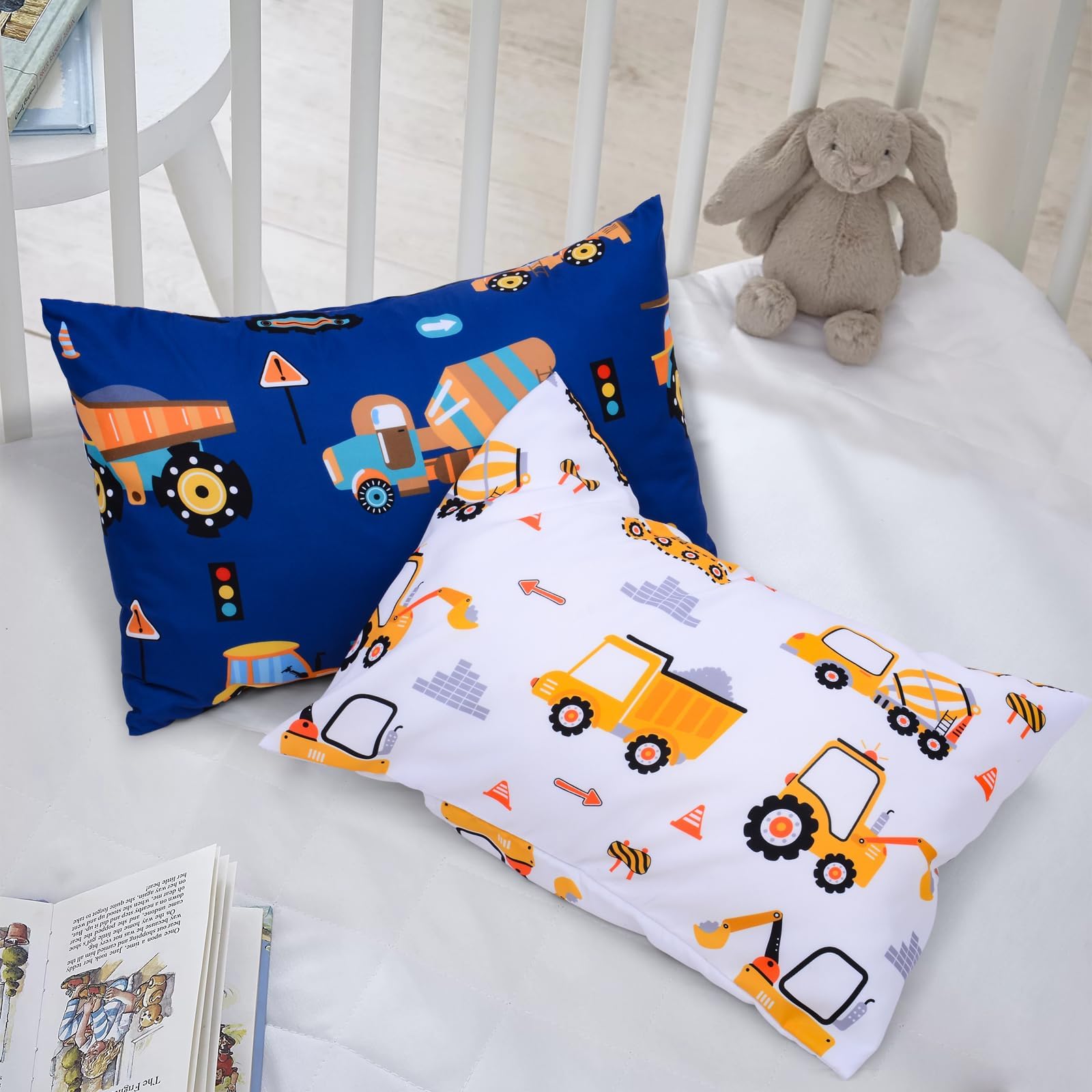 JISEN Fundas de almohada para niños pequeños de 33 x 46 cm, 30 x 40 cm, 35 x 48 cm, funda de almohada de bebé con vehículo de ingeniería, paquete de 2 fundas de almohada pequeñas para almohada de