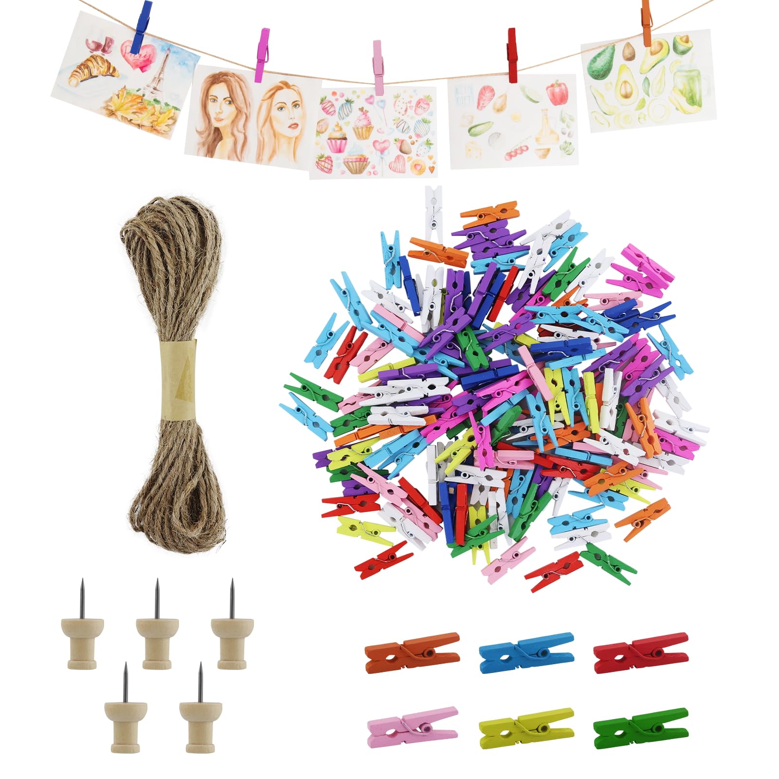 Easykeenecom Colourful 150Pcs Mini Colorful Wooden Pegs With 10M Jute String For Photo Wall Display, Craft, Weddings, Party - 2.5Cm Natural Small Pegs For Hanging Photos